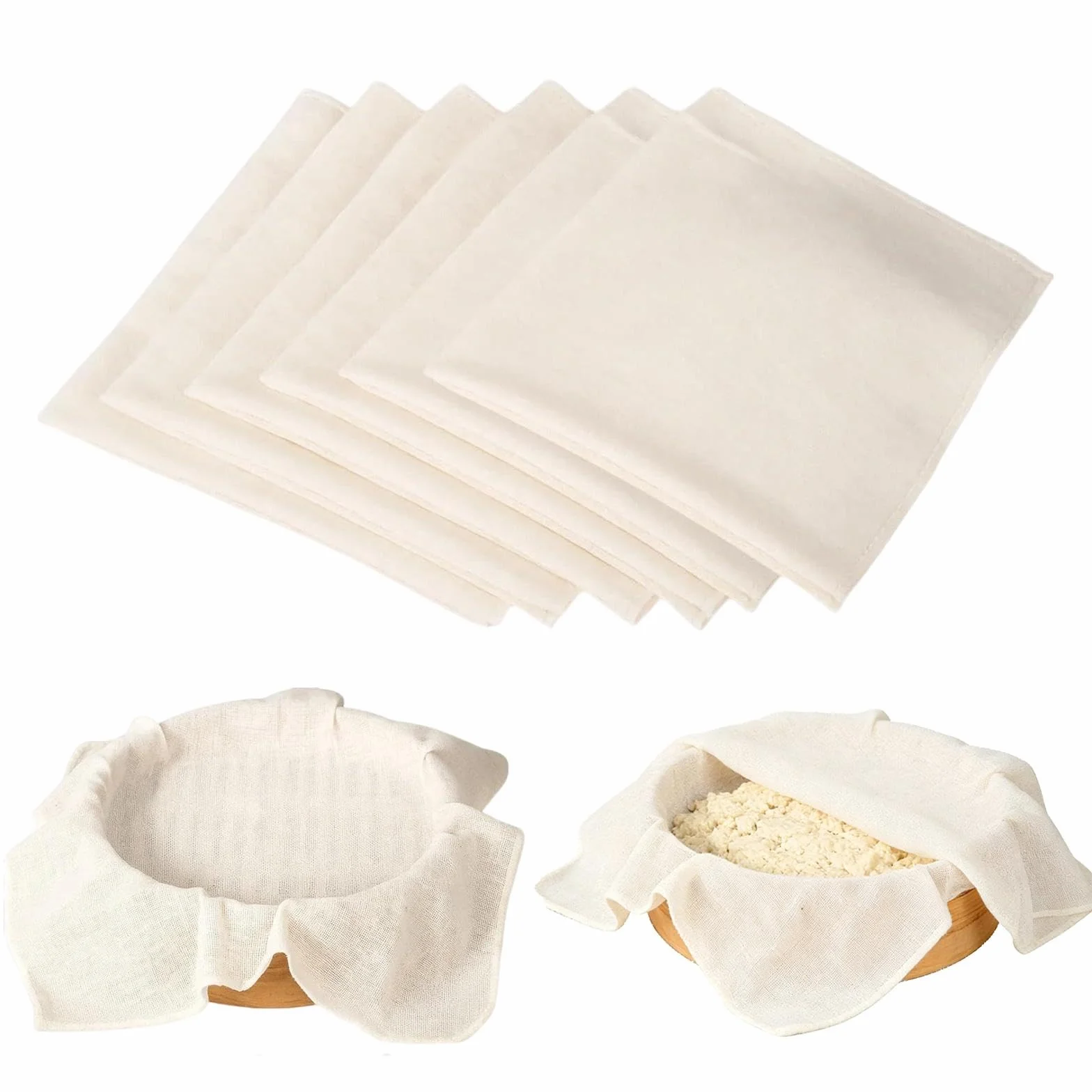 6 Piezas Cheese Cloth, Colador de Tela 60 × 60 cm Colador Tela Reutilizable, Estameña Lavable Telas Filtrantes para Caldo Filtrado Queso Jugo Fruta Prensada Fermentación de Masa de Pan