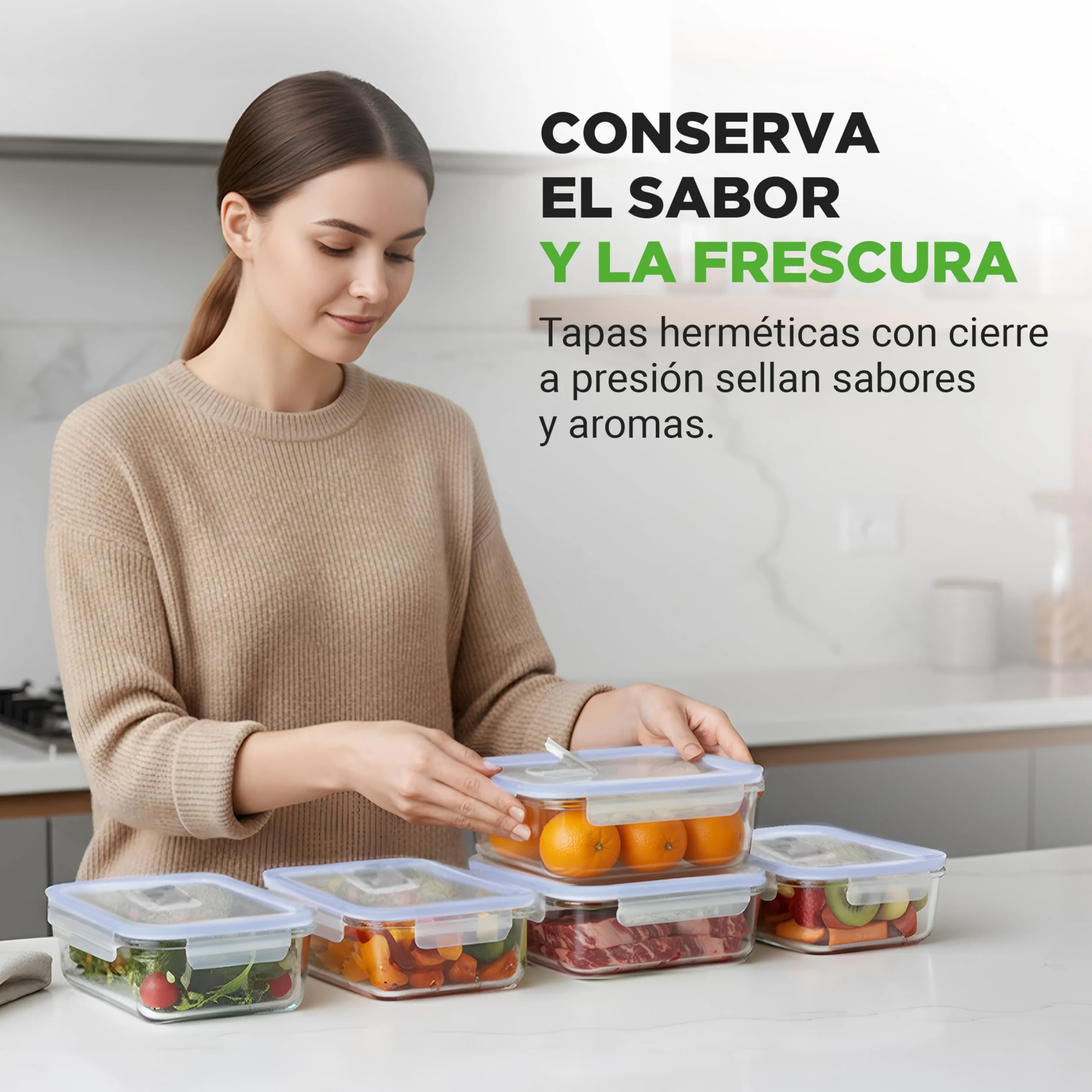 Nutrichef tuppers de cristal herméticos con orificio de aire, 5 recipientes apilables y 5 tapas, Aptos para microondas, Horno y congelador, Sin BPA