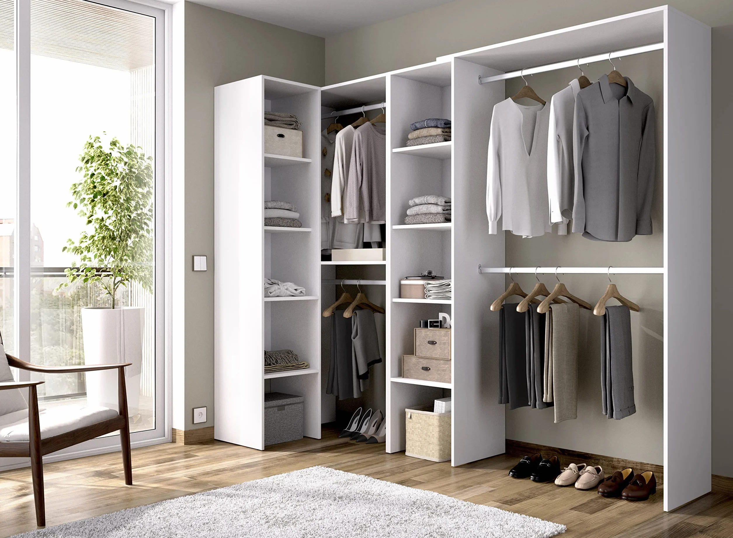 DEKIT GRUPO RIMOBEL SUIT - Conjunto de Vestidor rinconero con dos columnas y zona de barras - Blanco - 187 cm (Alto) x 228 cm (Ancho) x 80 cm (Prof.)
