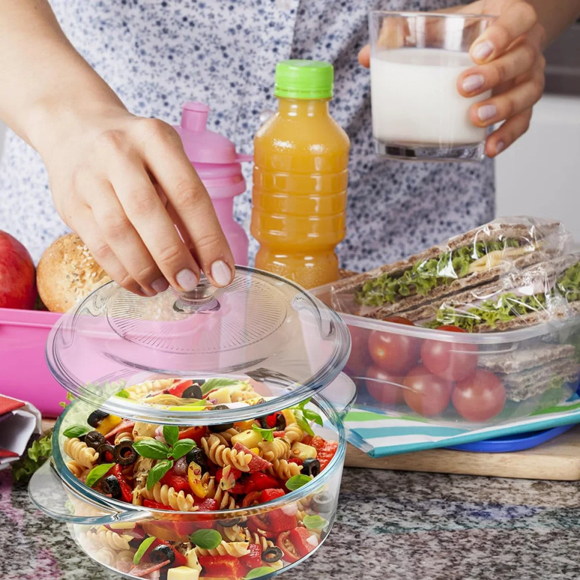 Bol de Ensalada de Vidrio Resistente al Calor 1.7l con Tapa Transparente Fácil de Limpiar y Apilable para Cocina y Hogar