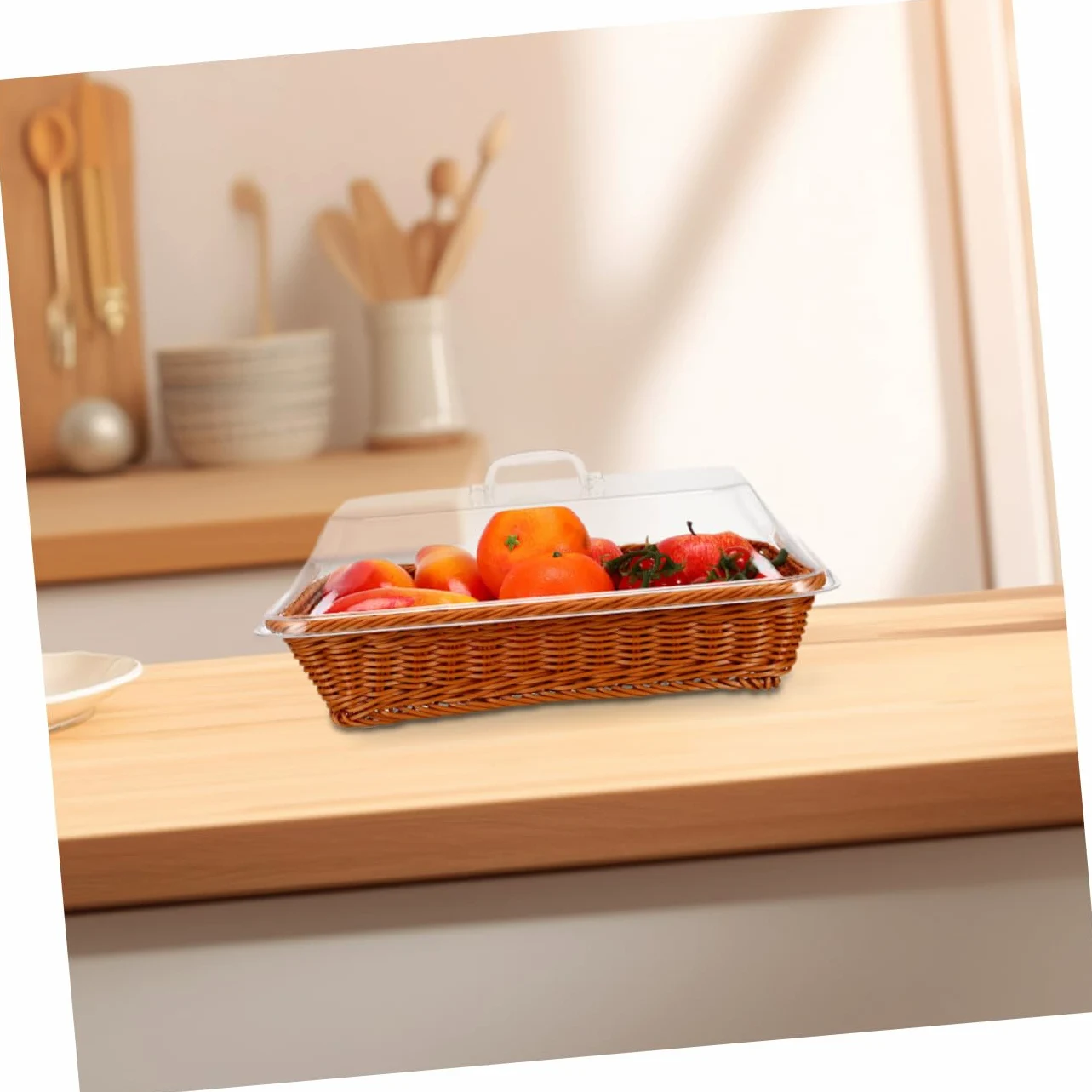 Cesta de Almacenamiento de Ratán Tejida Mano con Tapa Cesta Multifuncional para Pan y Frutas Organizador para Cocina Comedor y Picnic Color Marrón