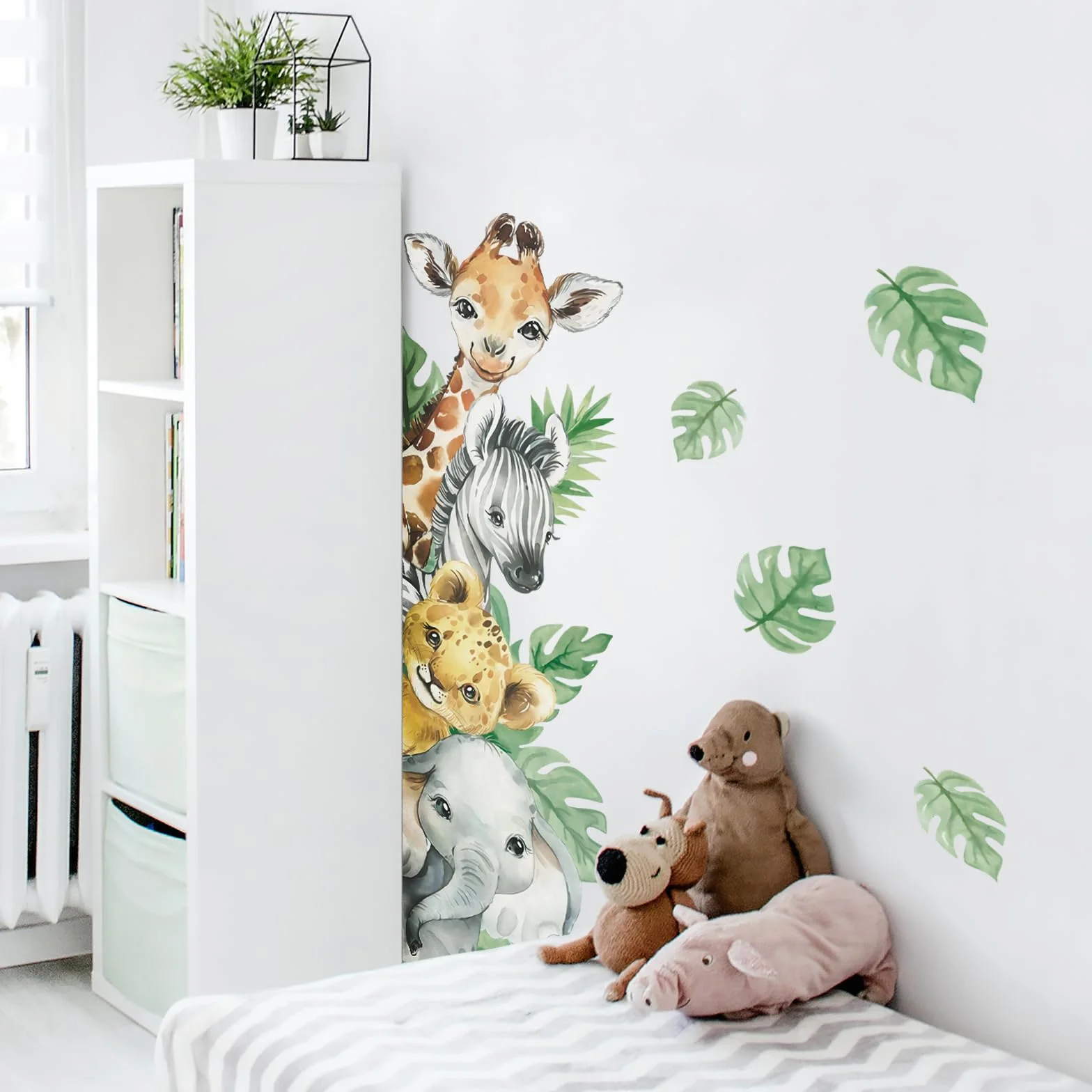 Pegatinas de Pared Animales de la Jungla Jirafa Cebra Hojas Verdes Vinilos Decorativos para Bebé Habitación Guardería