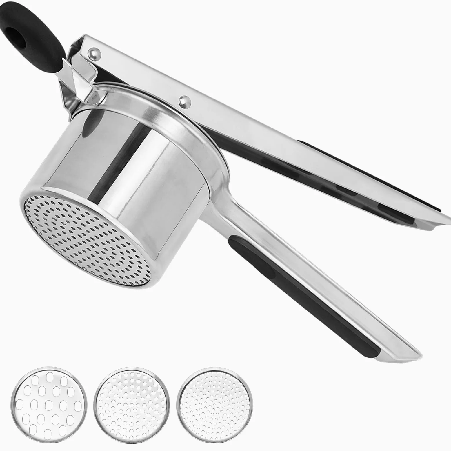 Prensador de patatas grande de 15 onzas con 3 discos intercambiables, de acero inoxidable resistente para puré de patatas, herramienta de cocina con mango ergonómico, máquina de spaetzle