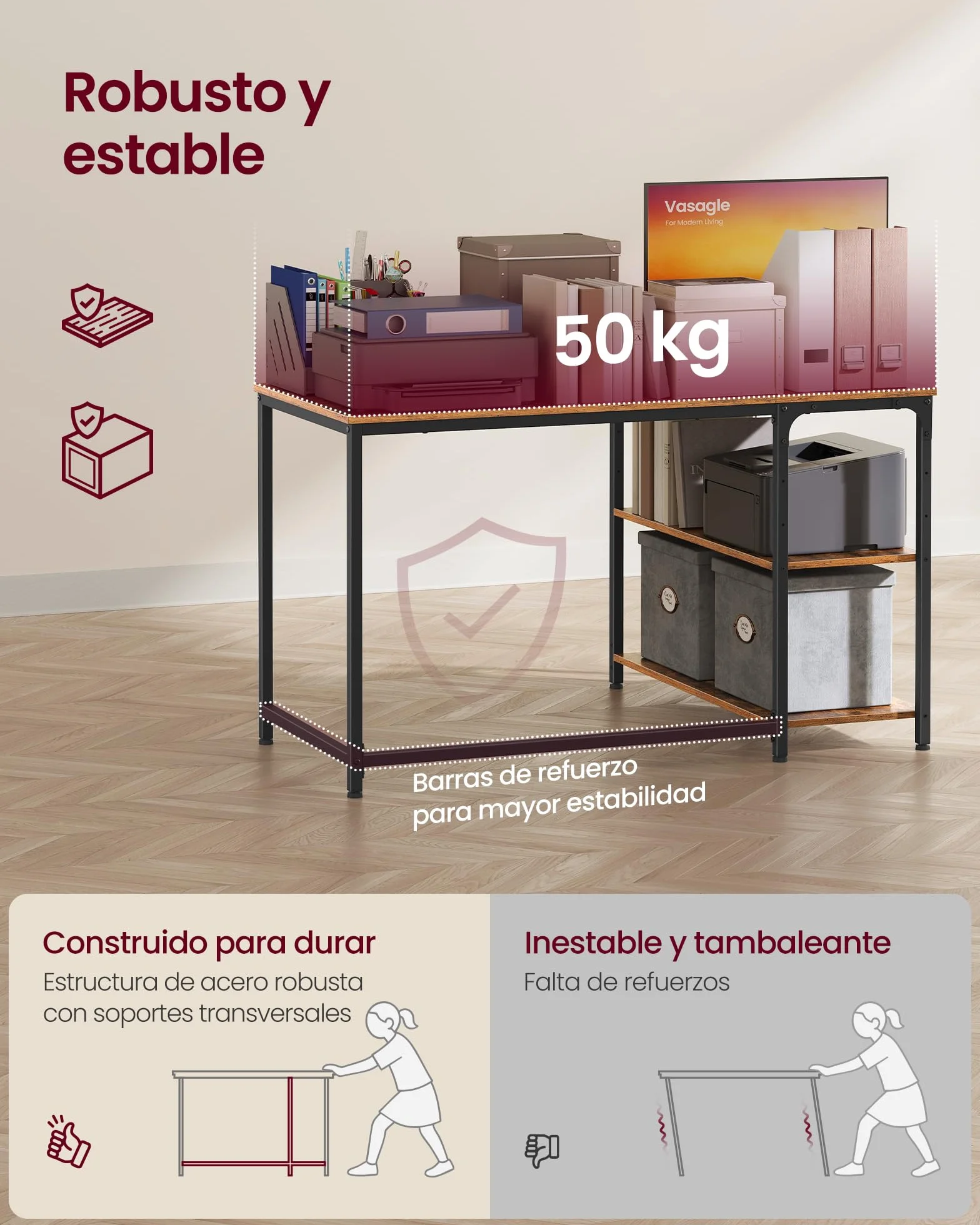 VASAGLE Escritorio en L, Escritorio Gaming para Ordenador con Estantería, Baldas de Altura Regulable, Estación de Trabajo para Estudio y Oficina, 110 x 80 cm, Marrón Rústico LWD135KD01