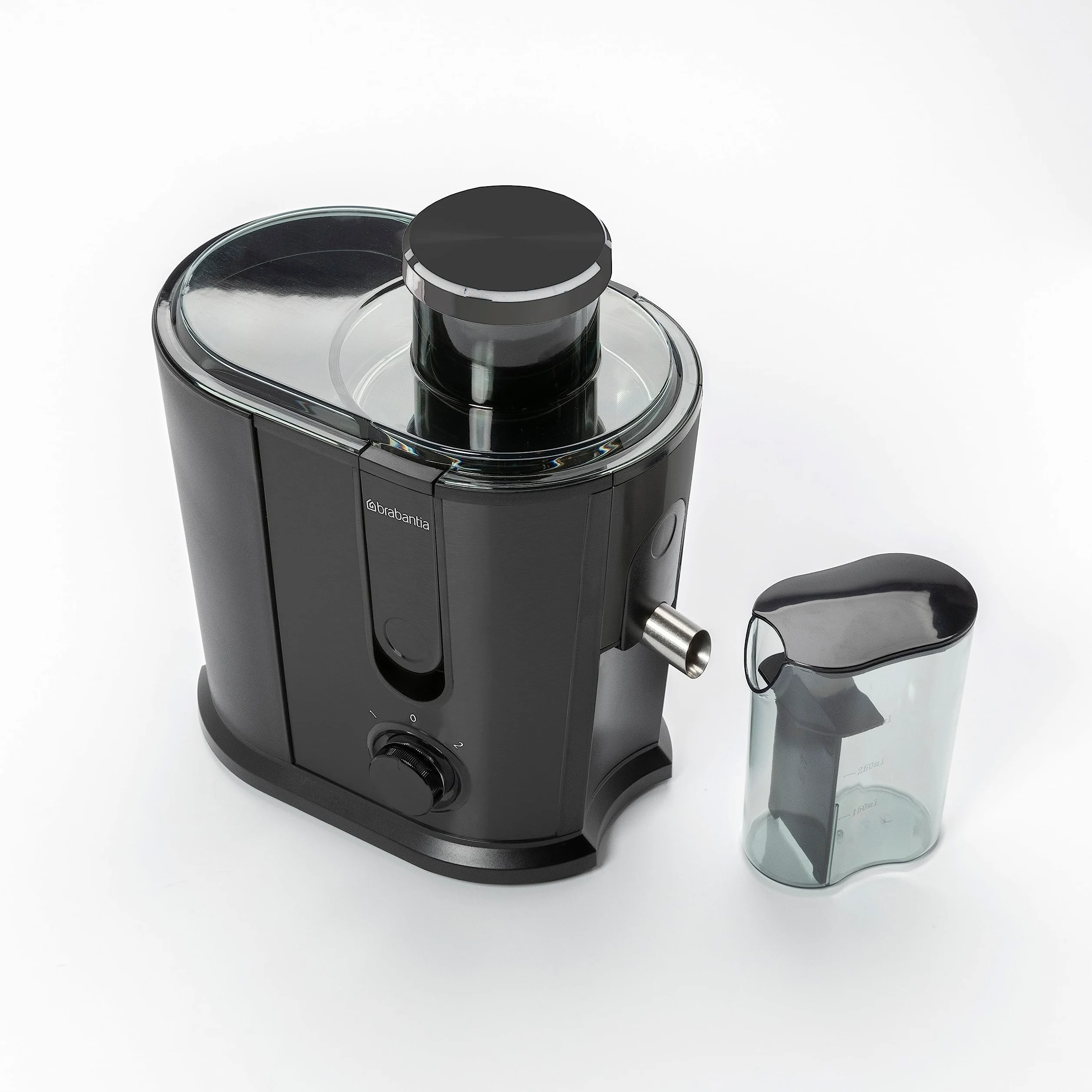 Extractora de Zumo Brabantia, 500 Vatios, Recipiente de Pulpa 1 L | Jarra de Zumo 0,35 L, 2 Velocidades, Licuadora Potente, Eléctrica, Verduras y Frutas, Acero Inox, Negro, BBEK1123BK
