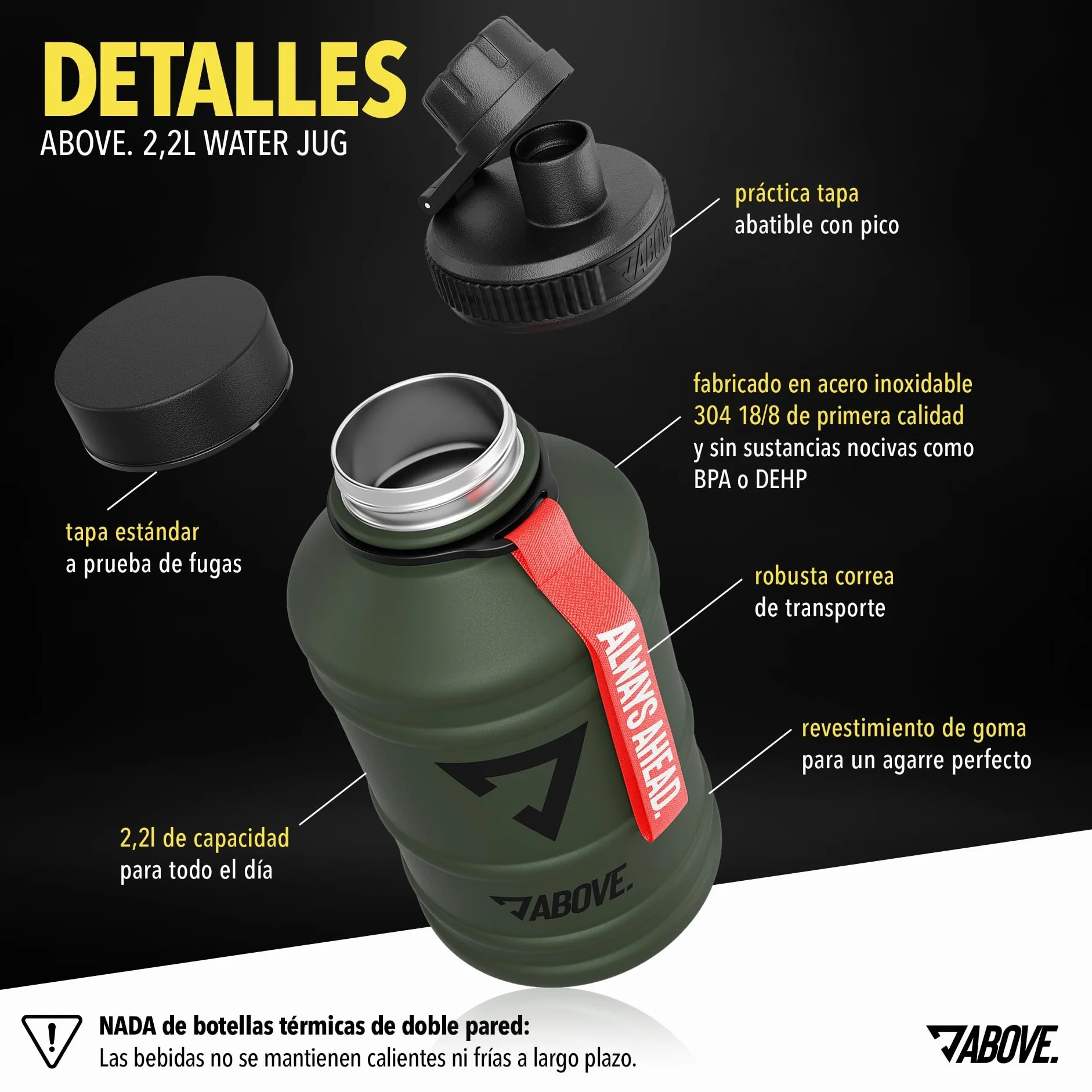 Botella Agua Acero Inoxidable 1.3L 2.2L Sin BPA Antifugas 2 Tapas Fitness Deporte Gimnasio