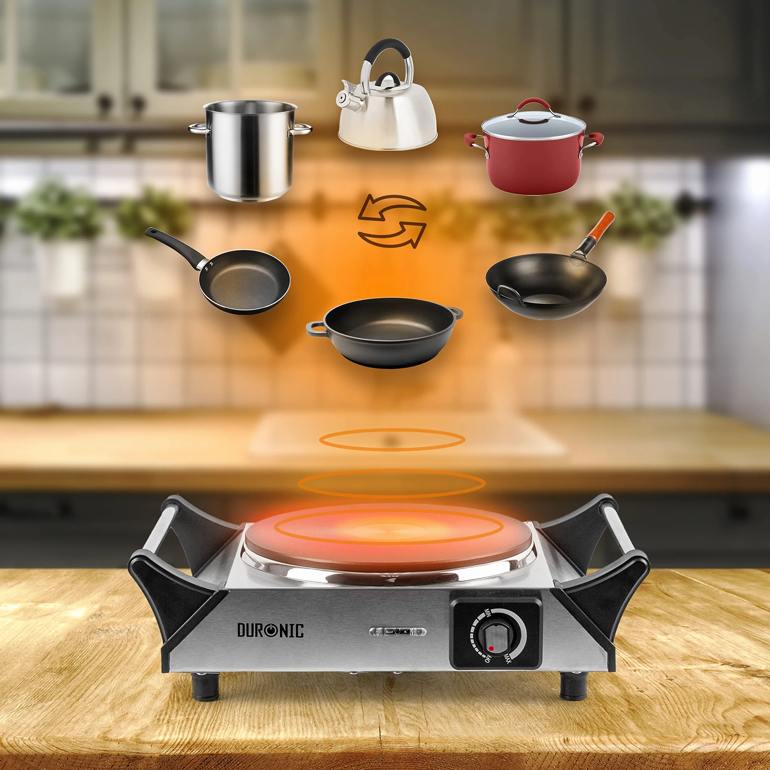 Duronic HP1 SS Hornillo eléctrico Portátil 1500W diámetro 187mm y Termostato Regulable | Placa de Cocción Eléctrica de Acero Inoxidable con Asas Calientaplatos | Ideal para camping