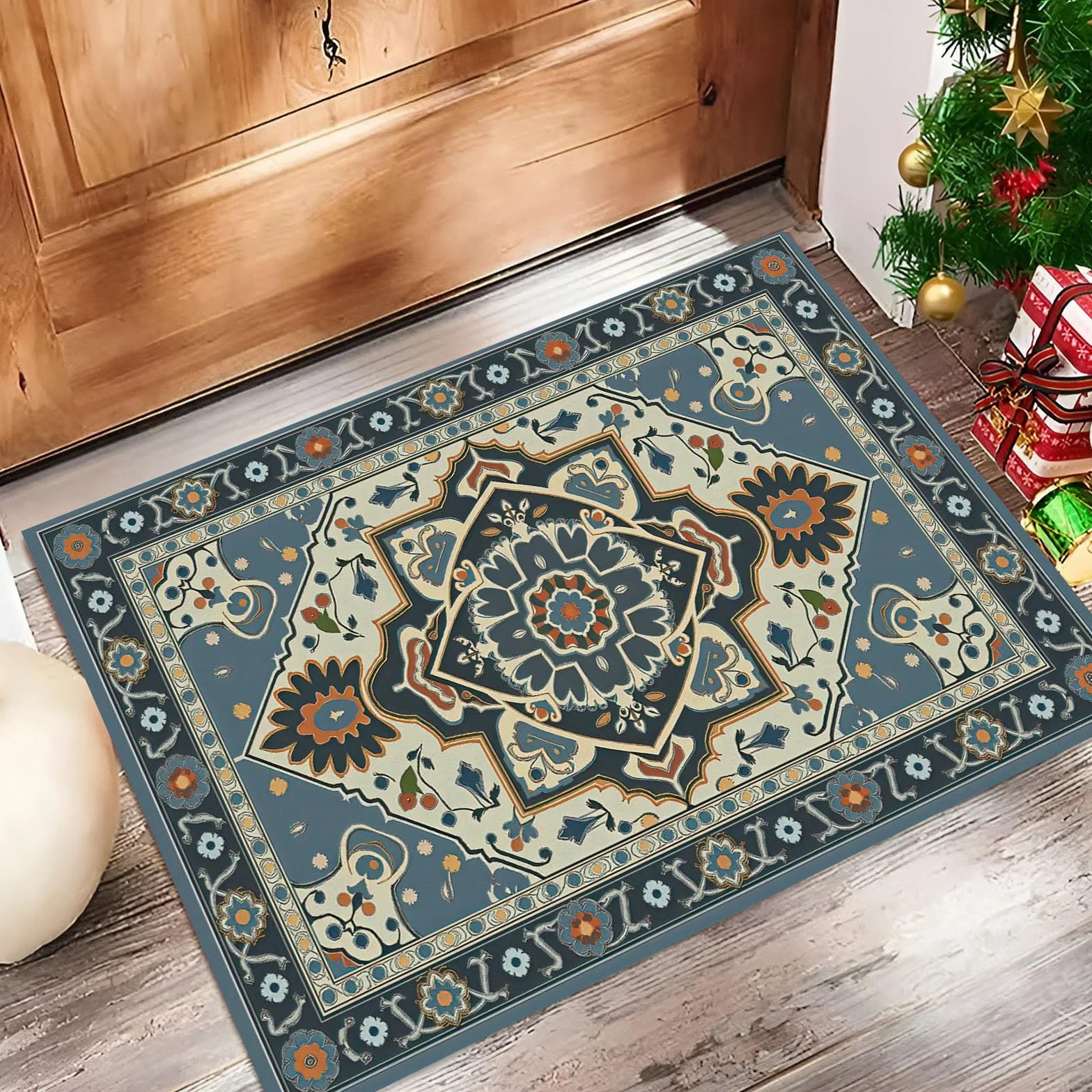 Felpudo Entrada Casa 80 X 120 cm,Patrones Geométricos,Felpudos Exterior Antideslizante Y Lavable,Patrones Tradicionales Persas Alfombra Atrapar Suciedad para Puerta Principal,Azul