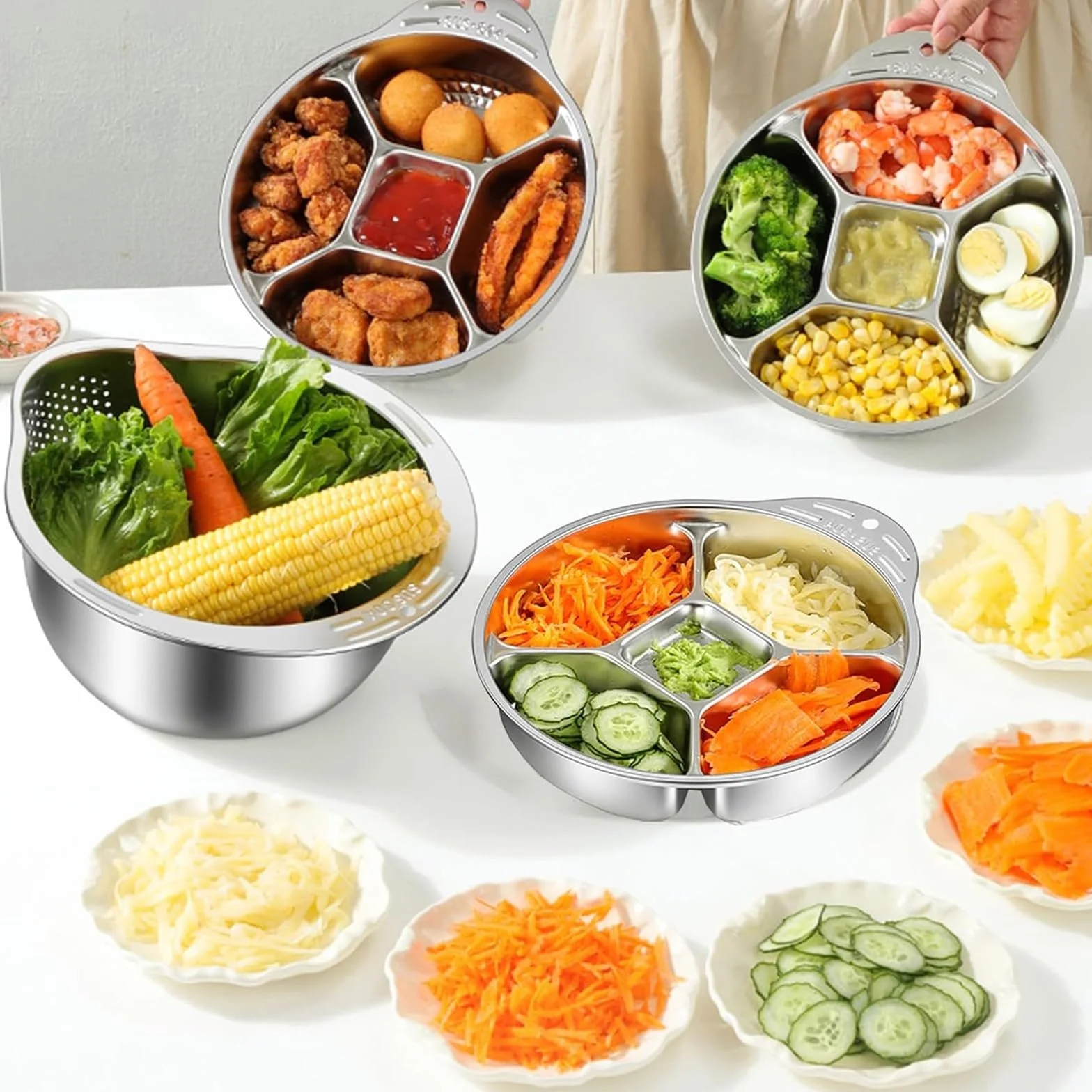 Juego de 3 Piezas de Acero Inoxidable, Colador para Lavar Arroz, Bandeja de Cuatro Rejillas y Rallador Multicuchilla para Preparar Ensaladas(A)