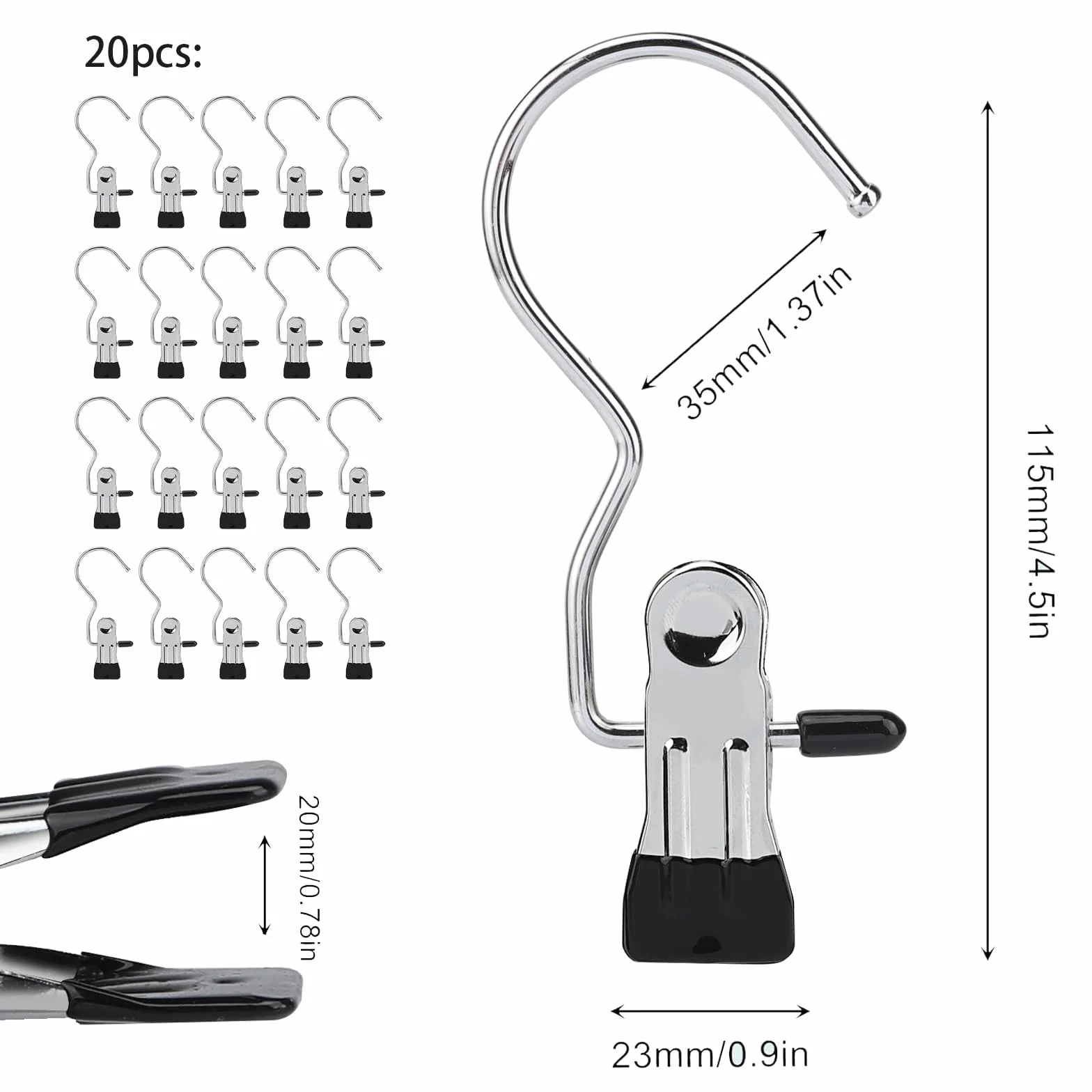 20 Perchas Clip para Colgar, Ganchos Pinza, Percha Botas, Pinzas de Metal Versátiles con Rotación de 360°, Diseño 2 en 1 con Pinza y Gancho, Adecuadas para Ropa, Zapatos, Pantalones, Toallas