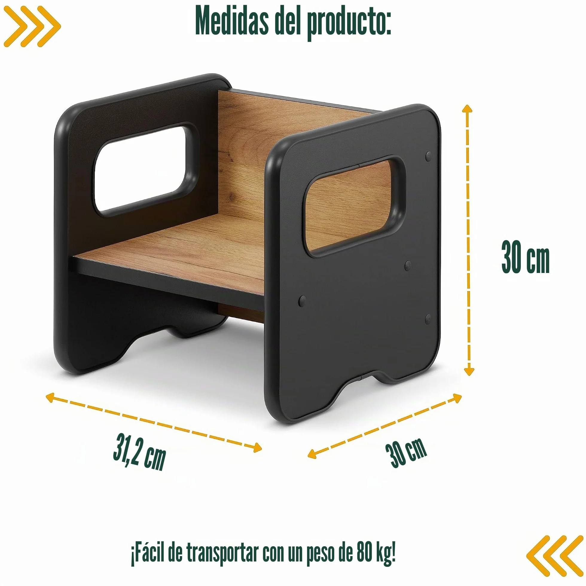 Taburete infantil de madera doble cara convertible en mesa - Negro y Roble