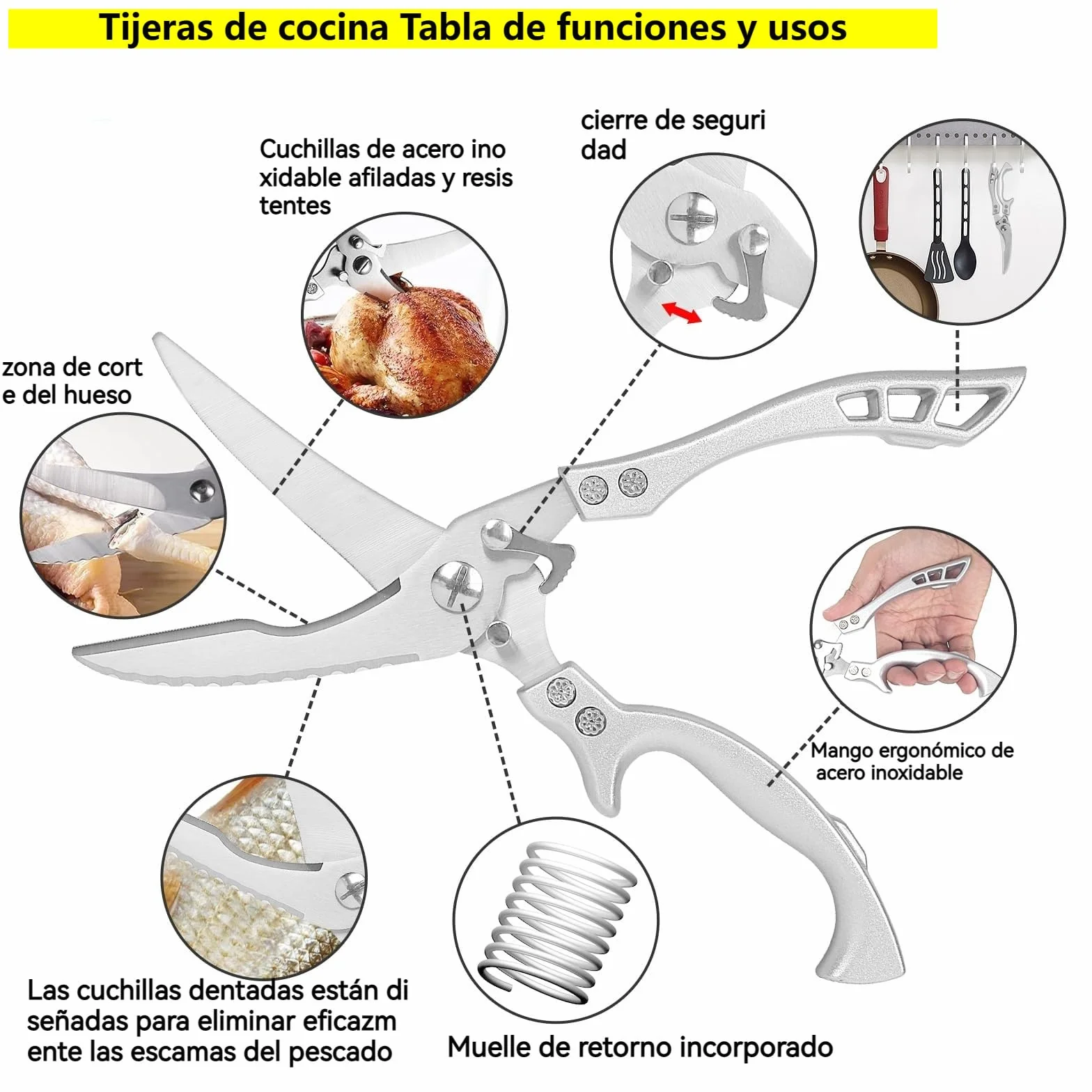 Tijeras cocina con cierre de seguridad y mecanismo de resorte para cortar carne, huesos de pollo, pescado y verduras, tijeras de acero inoxidable para huesos de pollo (KD7)