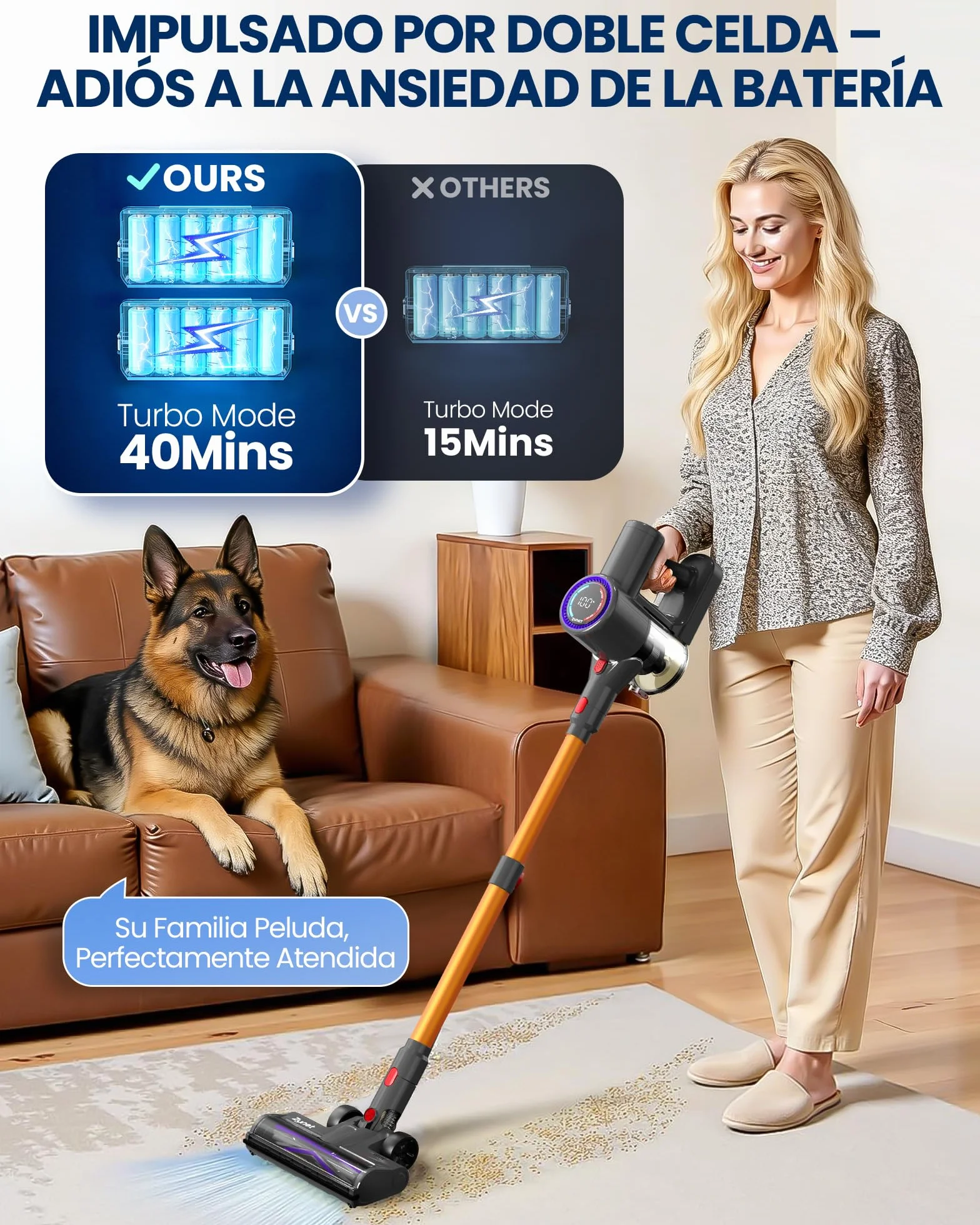 DP2 Aspiradora Sin Cable con Doble Batería, 45KPa/60Min/500W, Pantalla LED, Tubo Telescópico, Autónomo, Luz Verde, Aspiradora Escoba Sin Cable para Pelo de Mascotas/Alfombras/Suelos Duros