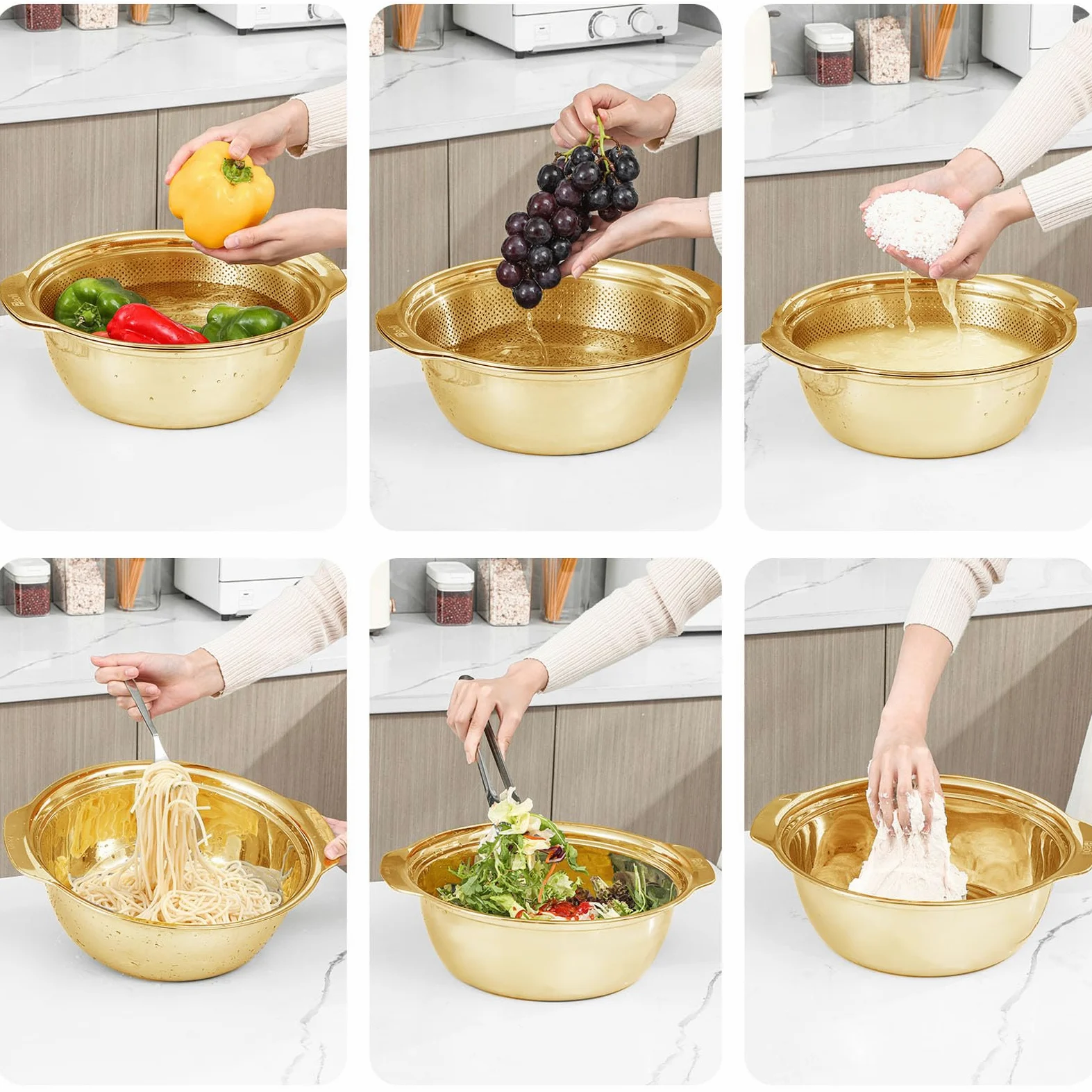 Colador microporoso de acero inoxidable 304 con asa, lavadoras de arroz, juego de colador microporoso para lavar verduras, frutas y arroz, y escurrir pasta cocida (4 cuartos de galón con asa, dorado)
