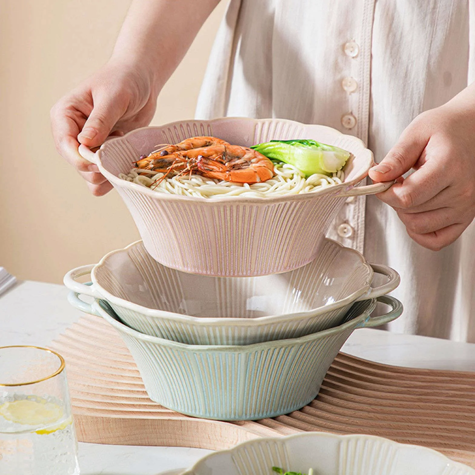 Cuenco para ensalada, cuencos para sopa, cuenco de cerámica con asa, cuenco de ramen de cerámica, cuencos Pho grandes, cuenco para sopa apto para microondas, cuenco para fideos Udon-azul-24x20x7cm,
