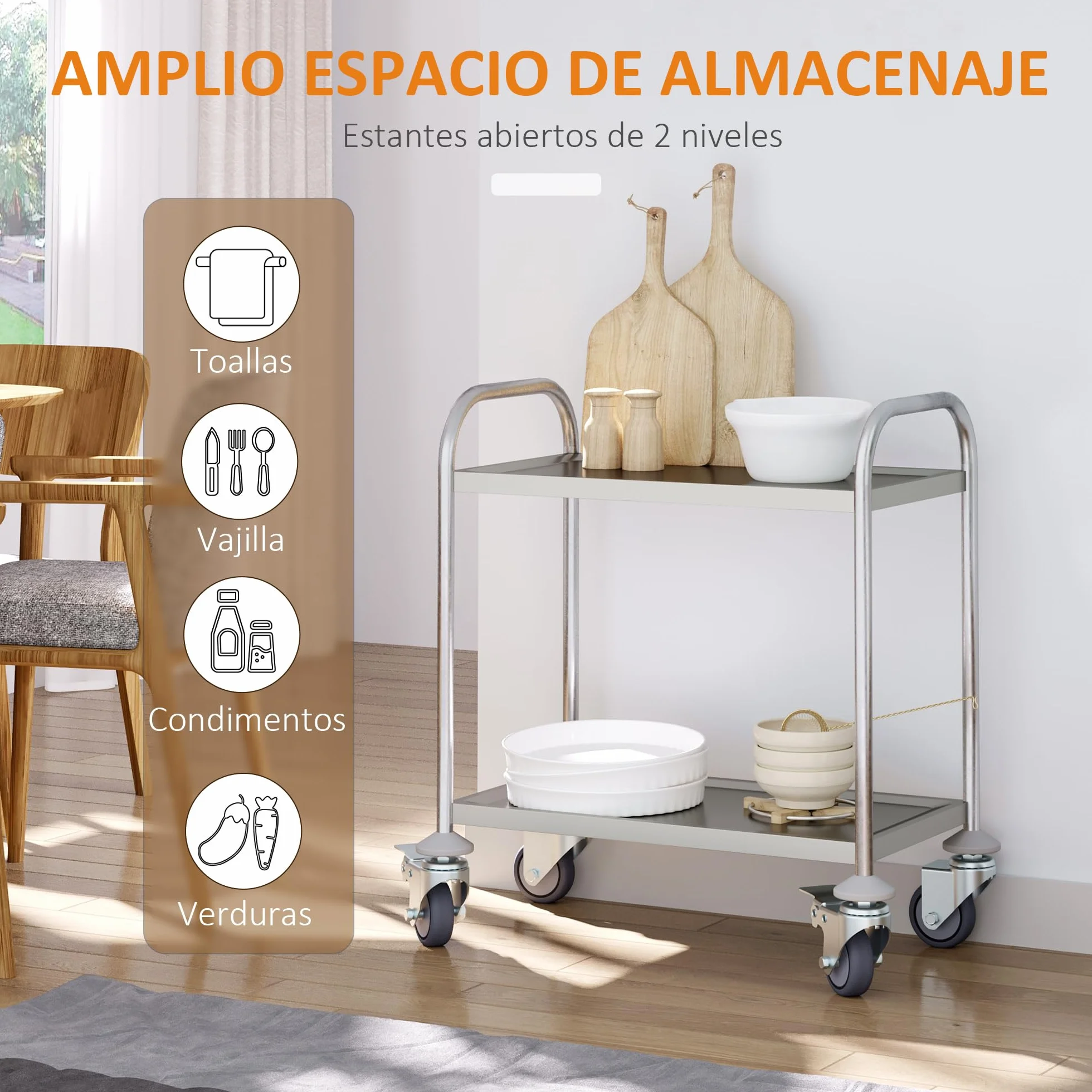 HOMCOM Carrito Auxiliar con Ruedas de Acero Inoxidable 80x45x82 cm Carrito de Cocina con Bandejas y 2 Brazos Carga 100 kg para Comedor Hotel Salón de Belleza Plata