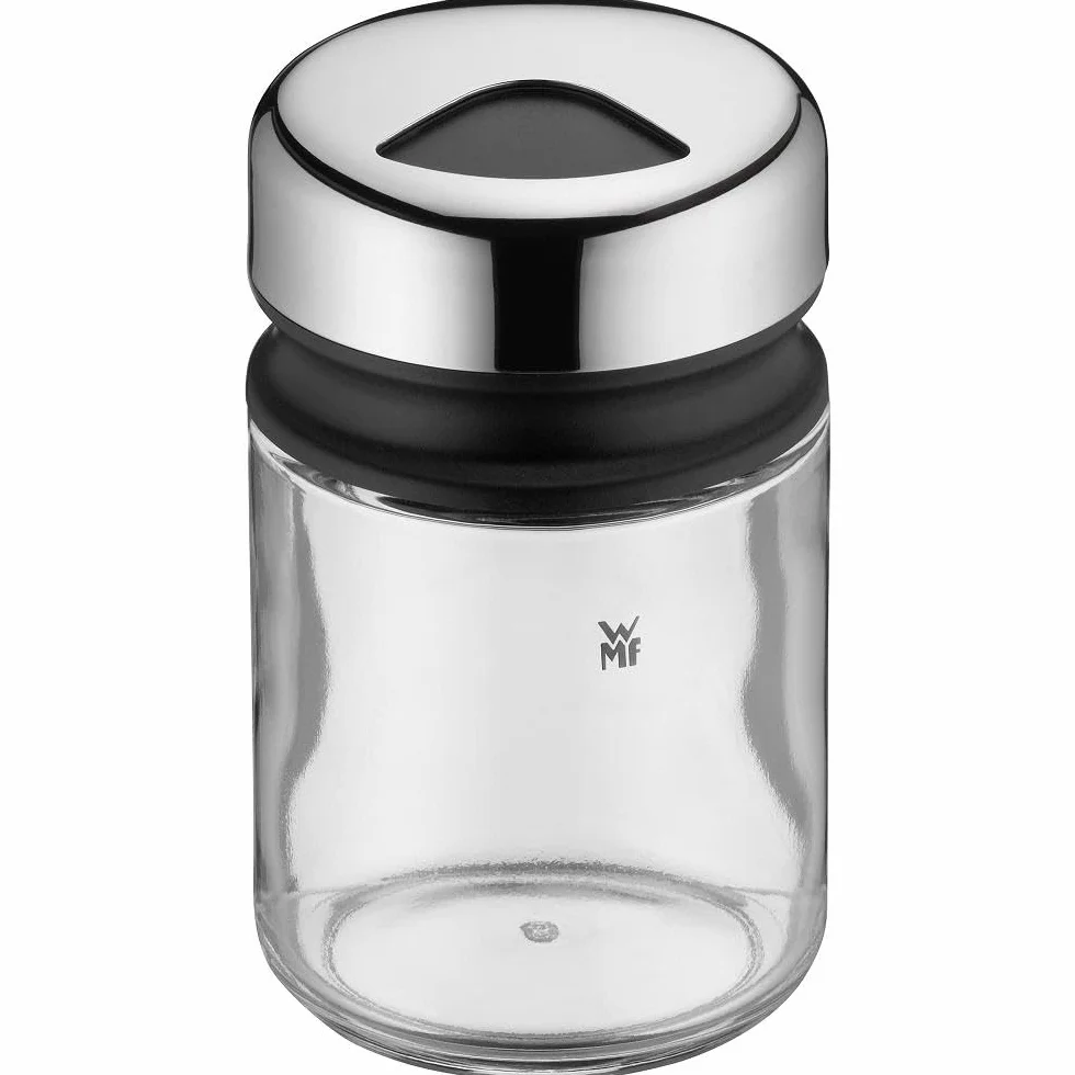 WMF Depot - Juego de 4 Piezas Botes de Especias de 100ml y Tapa de 4 posiciones Tarro de Especias de Vidrio y Acero Inoxidable Cromargan, Apto para lavavajillas
