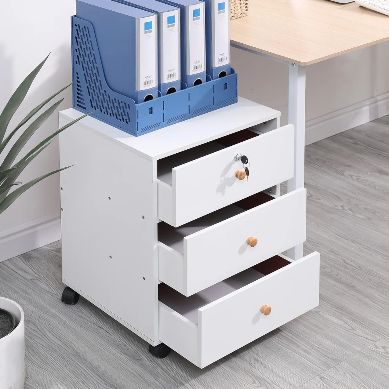 Ansley&HosHo Archivador móvil con 3 cajones, gabinete delgado para mesita de noche, armario de almacenamiento rodante debajo del escritorio, archivador de madera con cerradura, mesa de impresora de