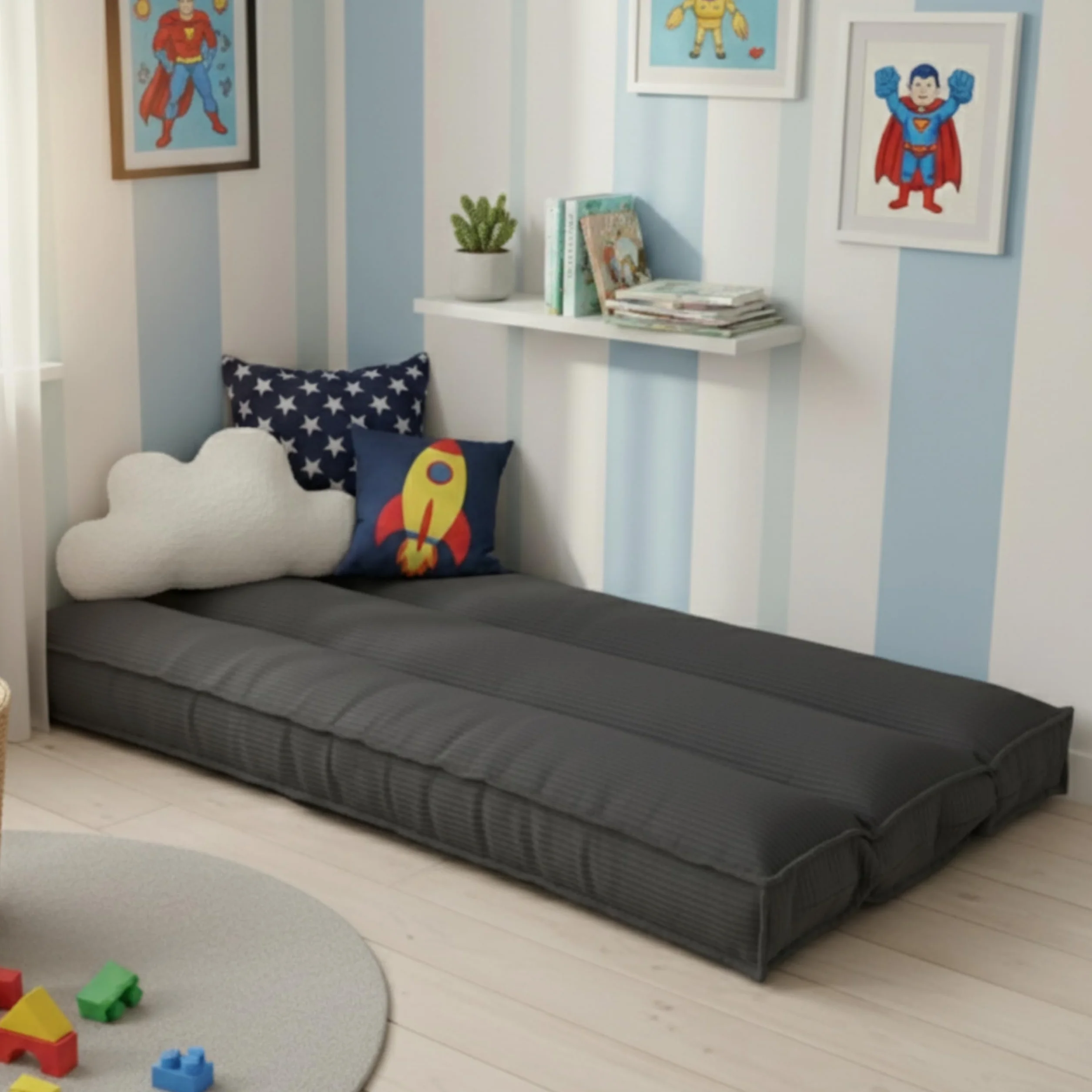 bananair - Futón Japonés Enrollable 1 Persona, Grueso y Cómodo, Fabricado en Francia, Funda Lavable, Cama Plegable de Suelo Práctica – Colchón Plegable, Correa Incluida (90 × 190 cm, Gris Oscuro)