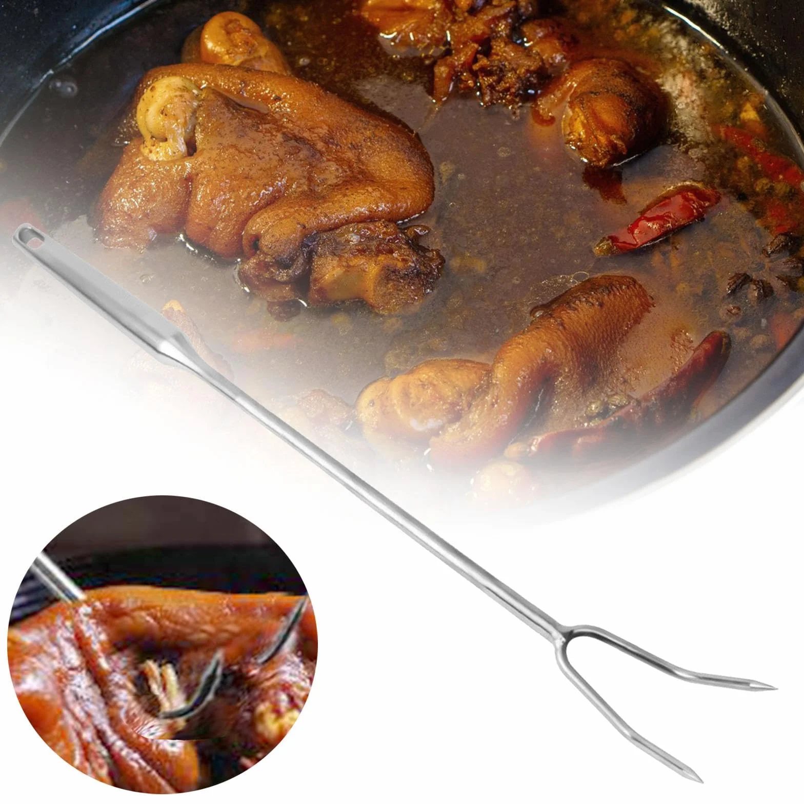Tenedor para Carne, Herramienta de Acero Inoxidable 304, diseño Funcional de Dos Puntas para cocinar y trinchar, Mango de Acero 50cm