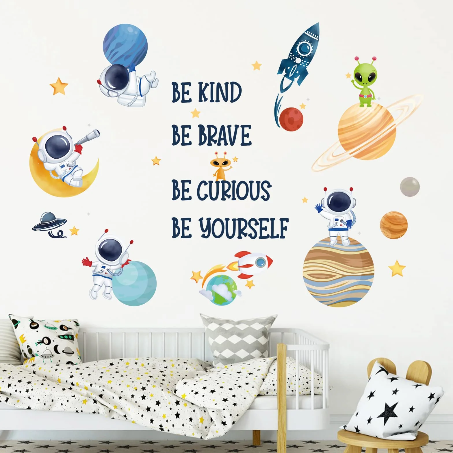 Wondever Pegatinas de Pared Espacio Planetas Adhesivos Decorativos Astronauta Sistema Solar Vinilos para Habitación Niño Bebés Dormitorio Guardería