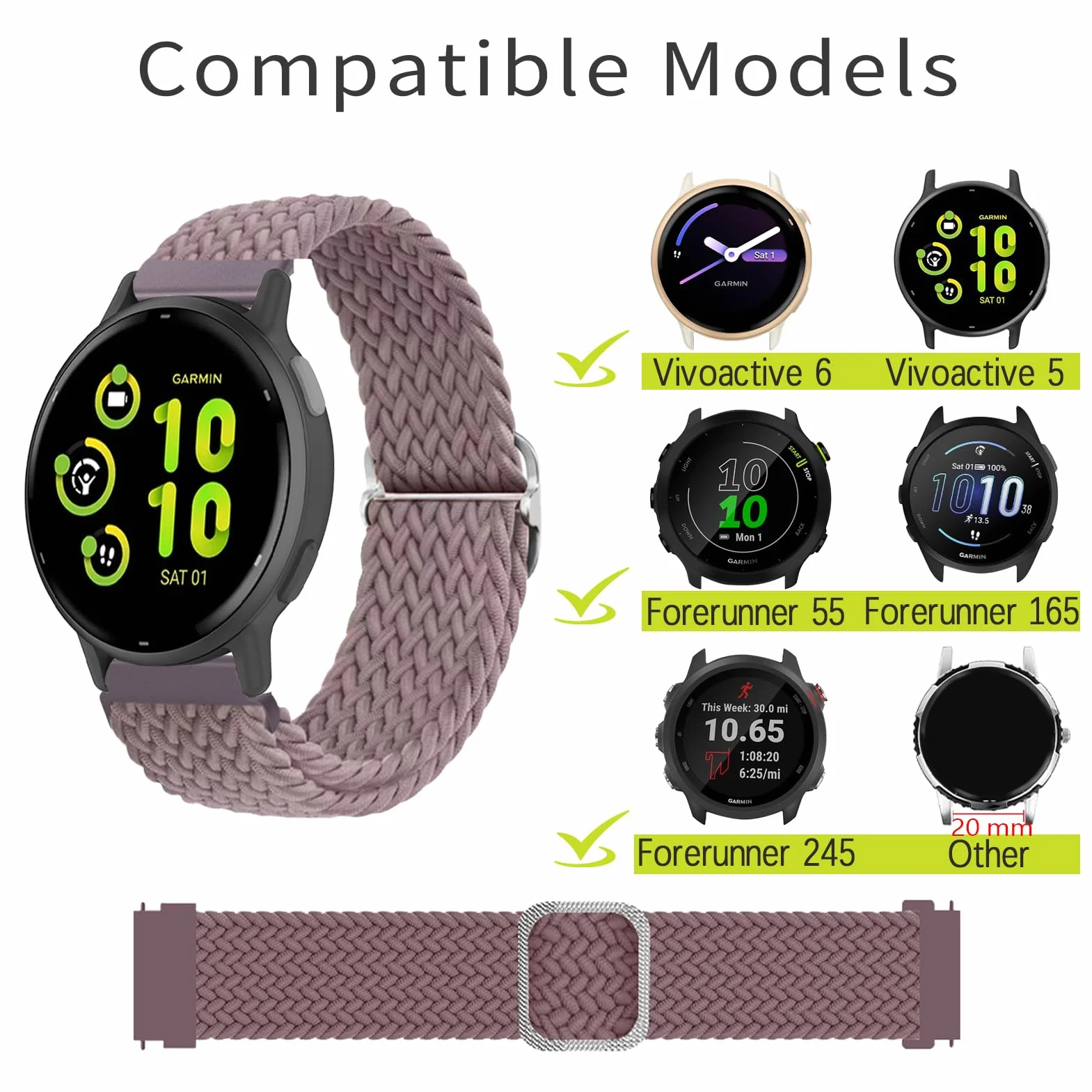 Nylon Correa Compatible para Garmin Vivoactive 5/6/3/Forerunner 55, Ajustable de Suave 20mm