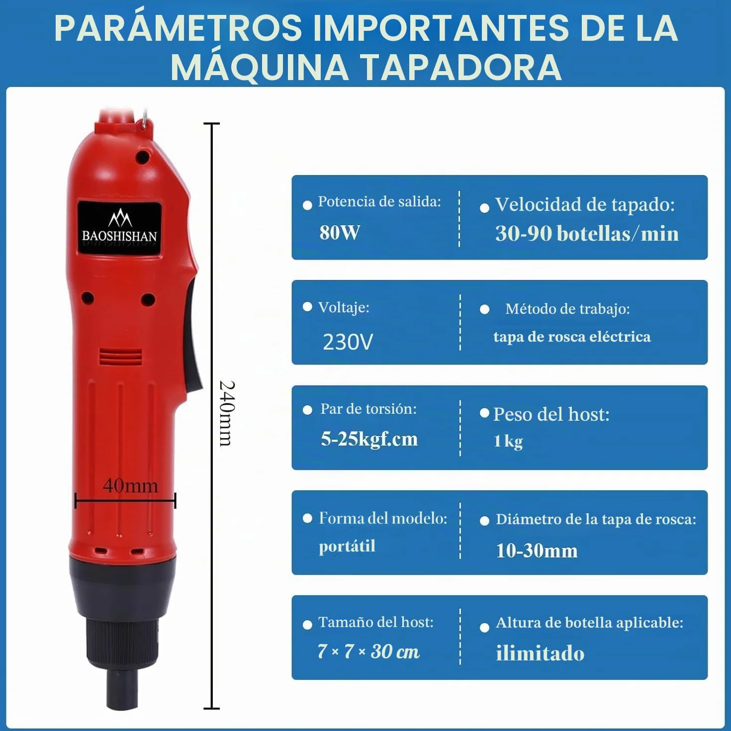 BAOSHISHAN Máquina taponadora de botellas eléctrica de mano Taponadora de rosca manual Sellador automático para tapones de botellas para tapones de botellas de φ10-30 mm