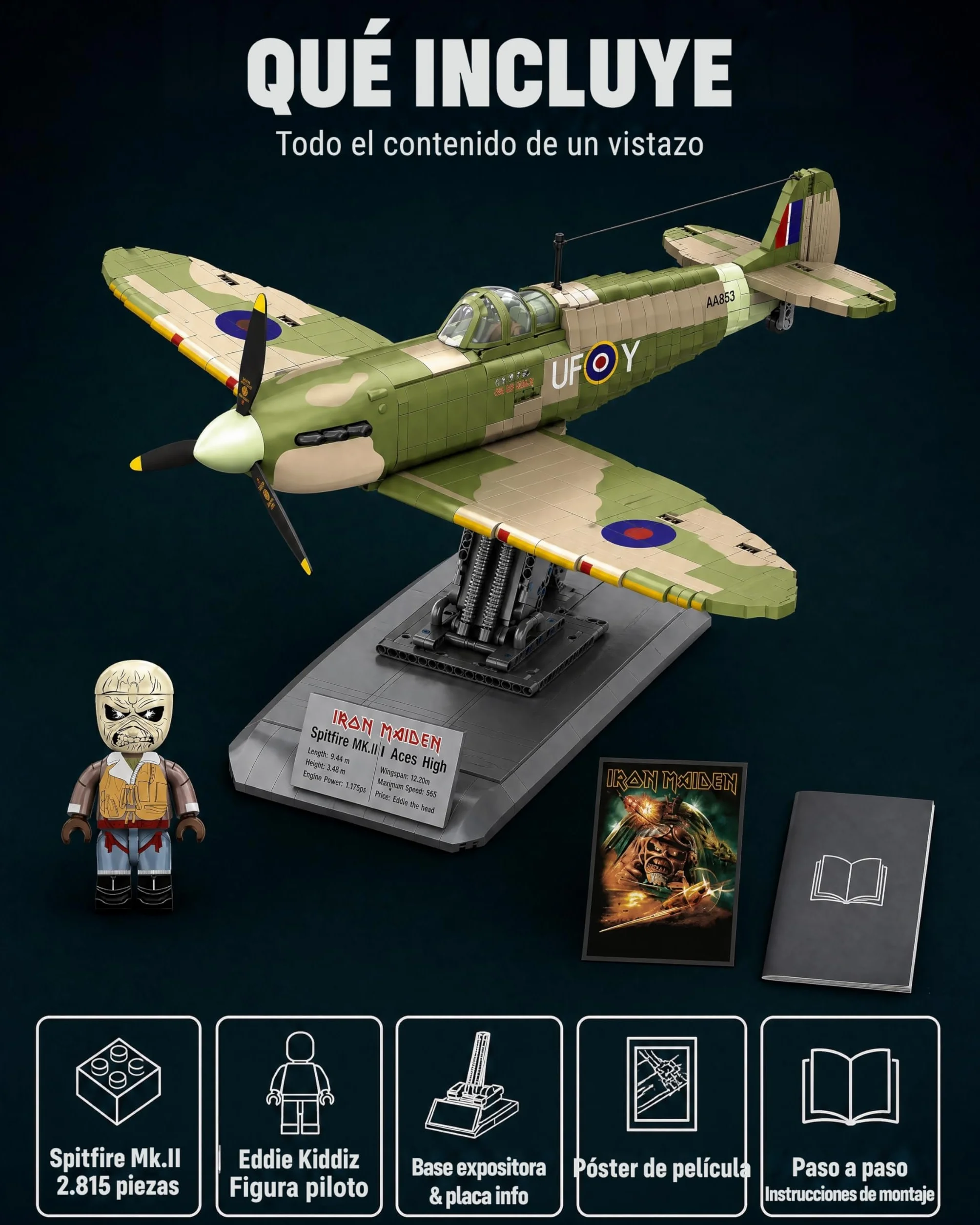 Revell Brick System 00962 Iron Maiden Spitfire MK.II Aces High - Kit de Modelo de ladrillo - Escala 1:18 sin Construir, 52.5 cm de Longitud, más de 2.500 Piezas, Incluye Figura de Eddie, Soporte de