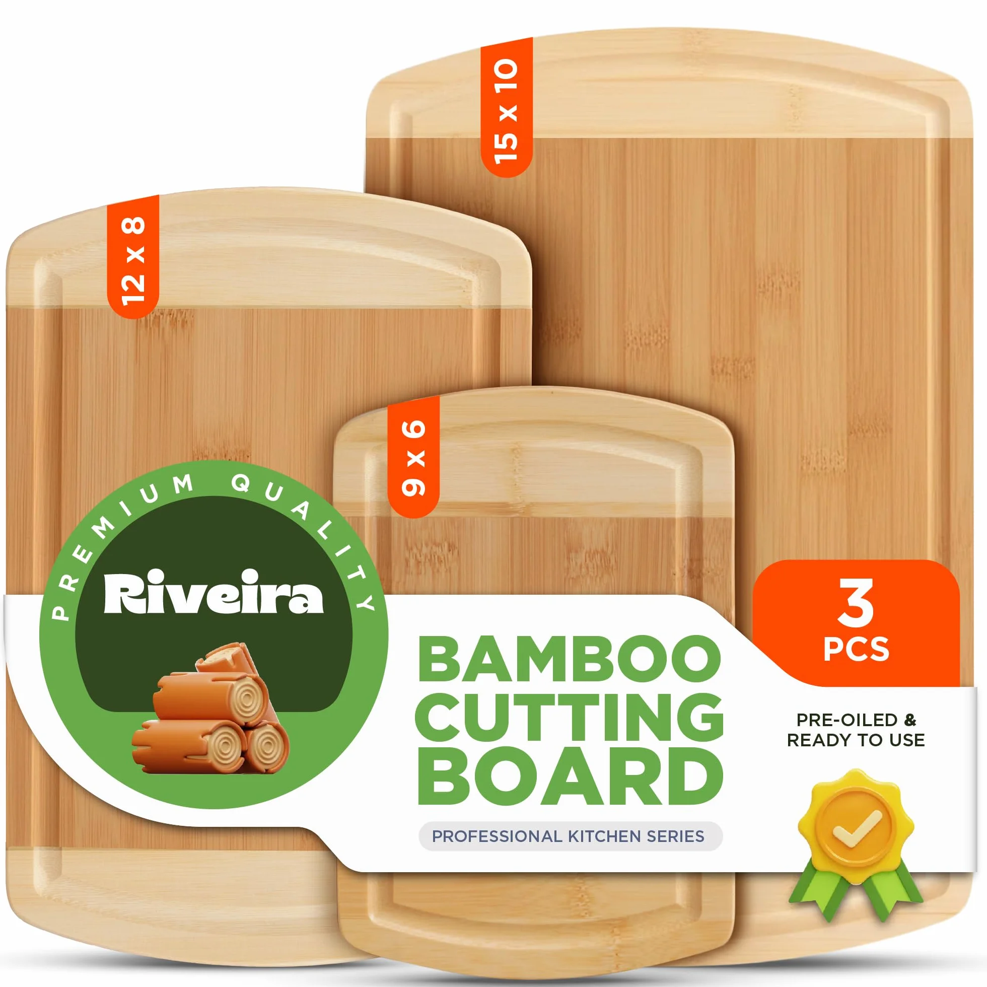 Riveira Tabla de cortar de madera de bambú de dos tonos, versátil y duradera: juego de 3 tablas de cortar rectangulares de madera, tablas de cortar de madera natural para cocina, tabla de cortar de