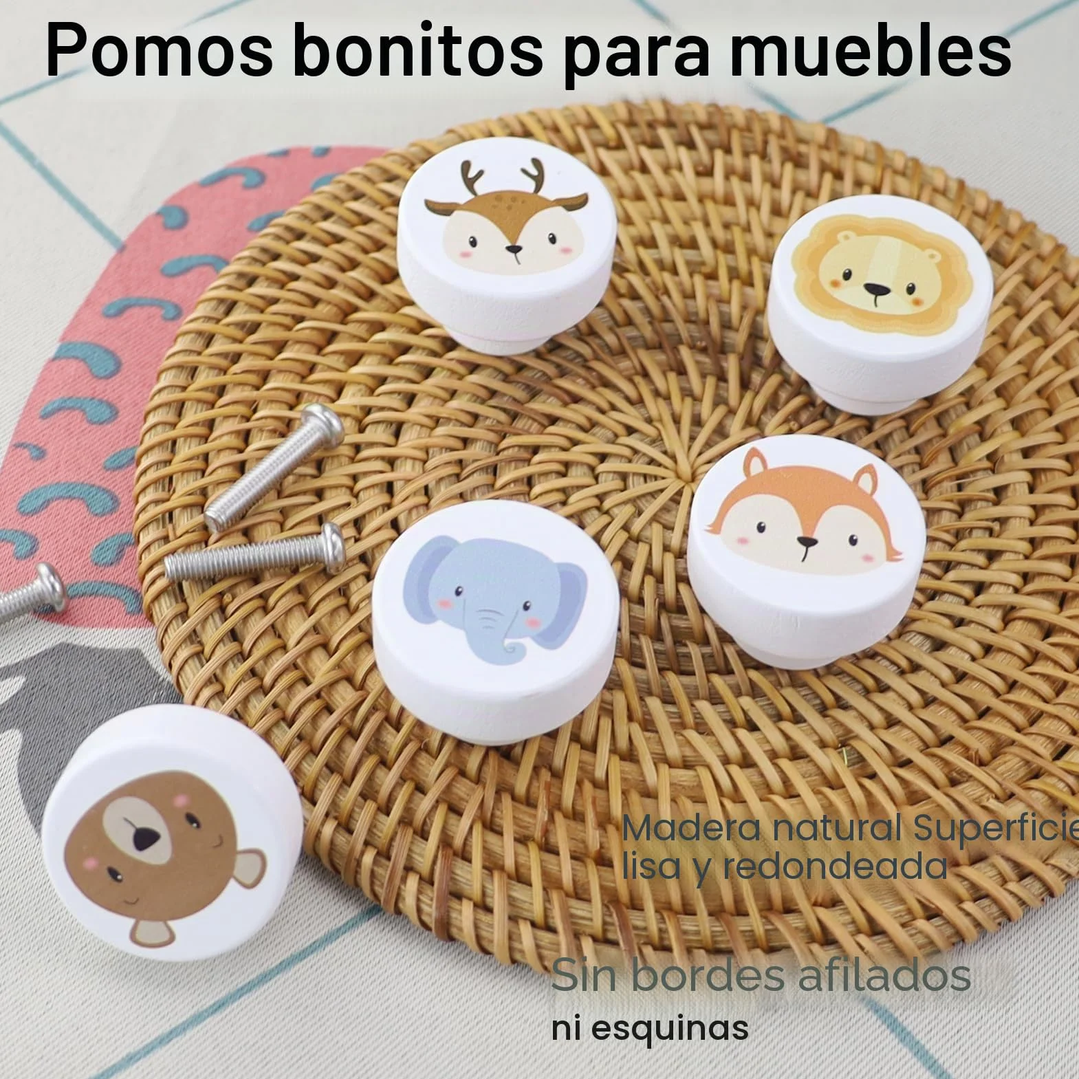 6 Piezas Pomos de madera para habitación infantil, pomos redondos con tornillos, pomo para armario infantil para Cajón de Tocador de Cocina (Patrón de Animales)