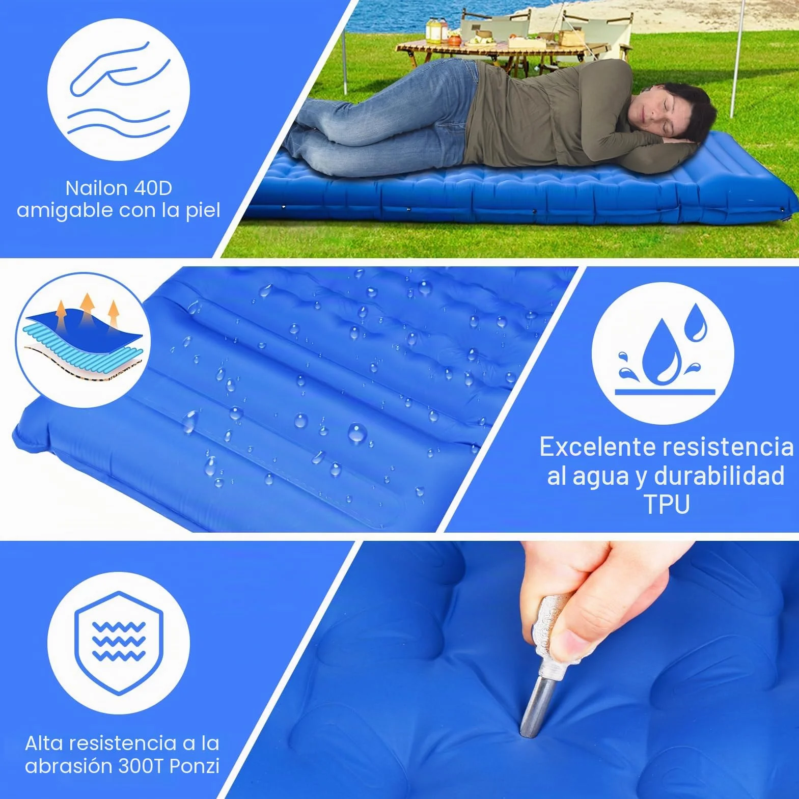 Colchón Hinchable Mejorada 13 cm con Almohada Incorporada y Bomba Inflable para Acampar y Viajar Azul