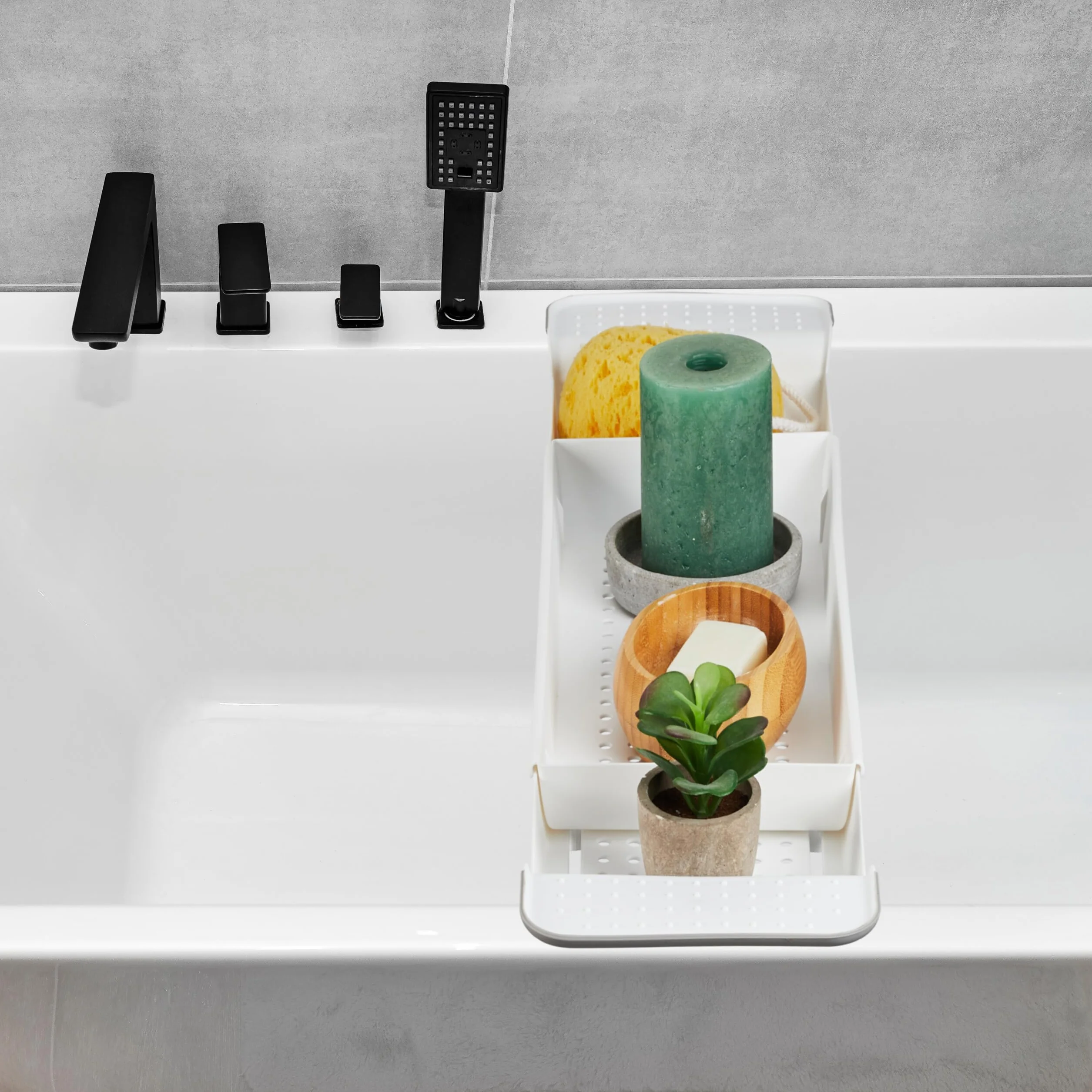 Relaxdays Bandeja para Bañera, Extensible 55,5-78 cm, Plástico, Agujeros de Drenaje de Agua, Antideslizante, Blanco