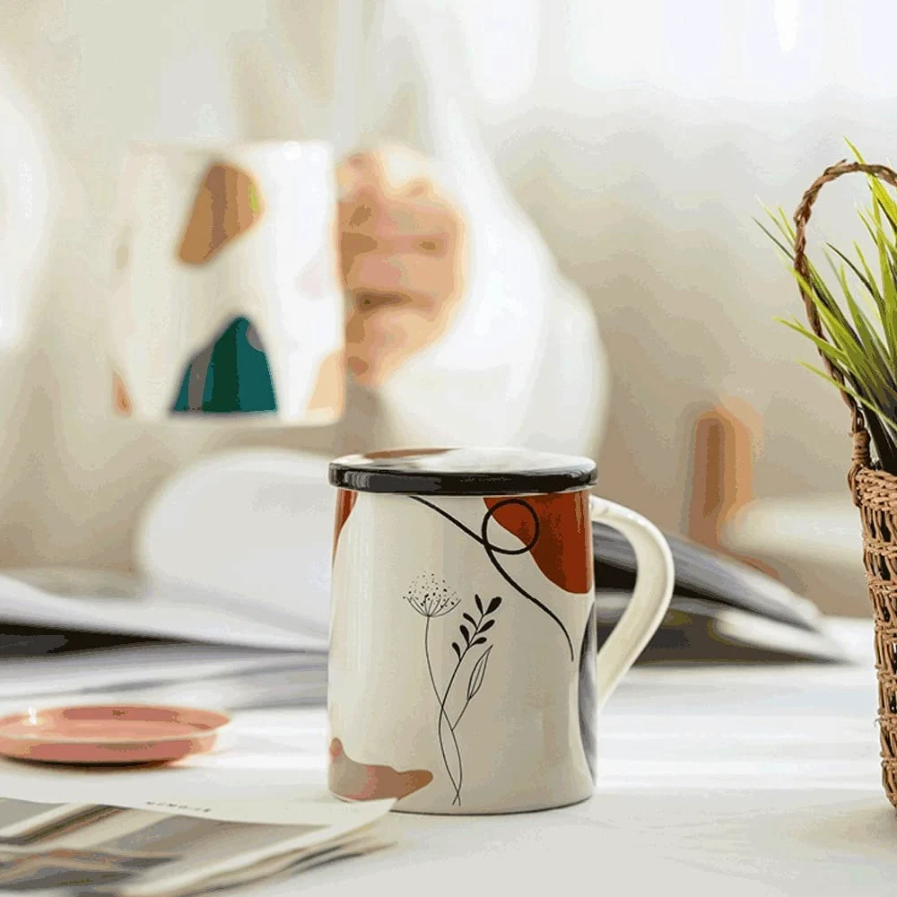 Taza de Café de Té Taza De Café Con Tapa, Tazas Creativas De Cerámica Para Bebidas Calientes Con Asa, 14,1 OZ, Taza Para Beber En El Microondas para té de la tarde(B)