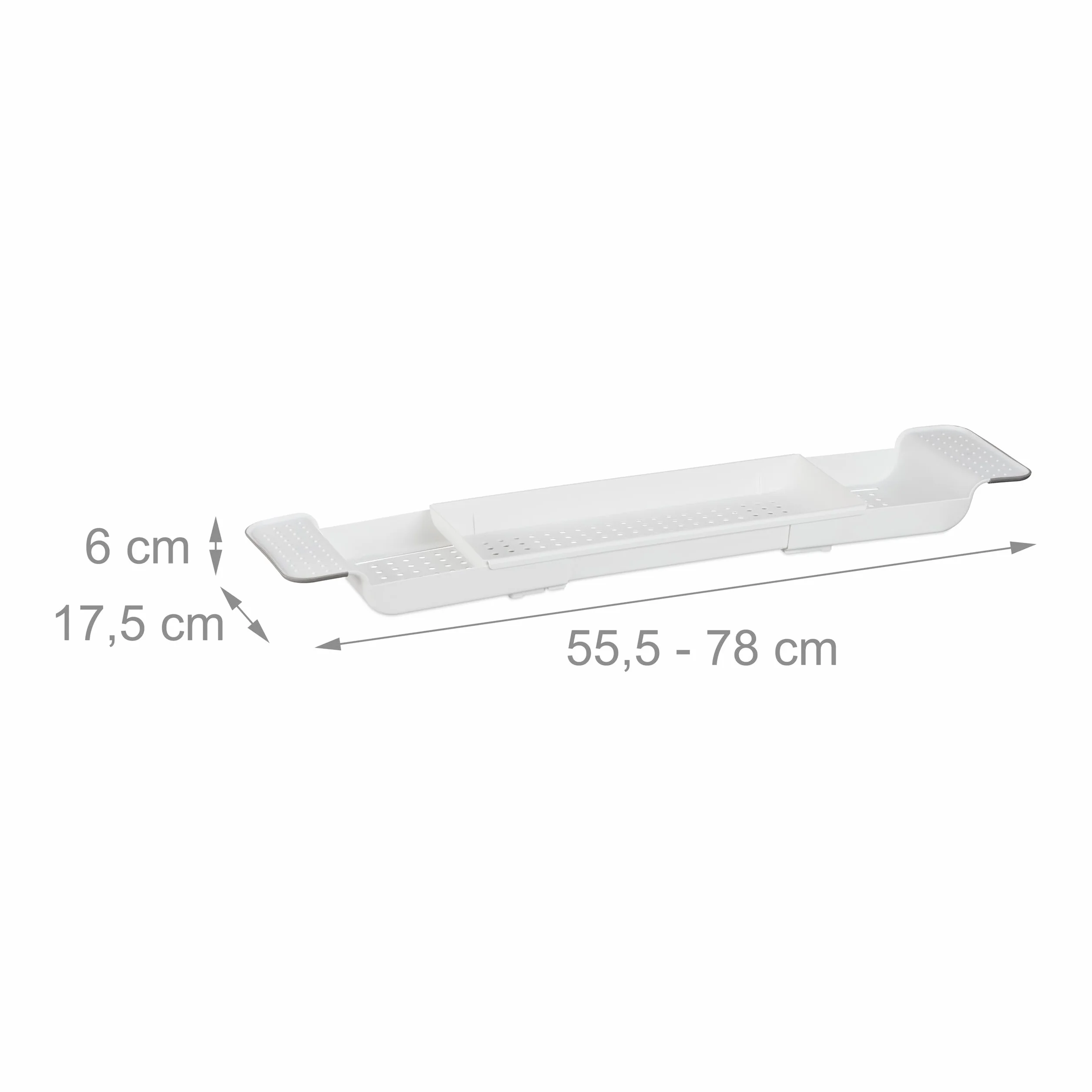 Relaxdays Bandeja para Bañera, Extensible 55,5-78 cm, Plástico, Agujeros de Drenaje de Agua, Antideslizante, Blanco