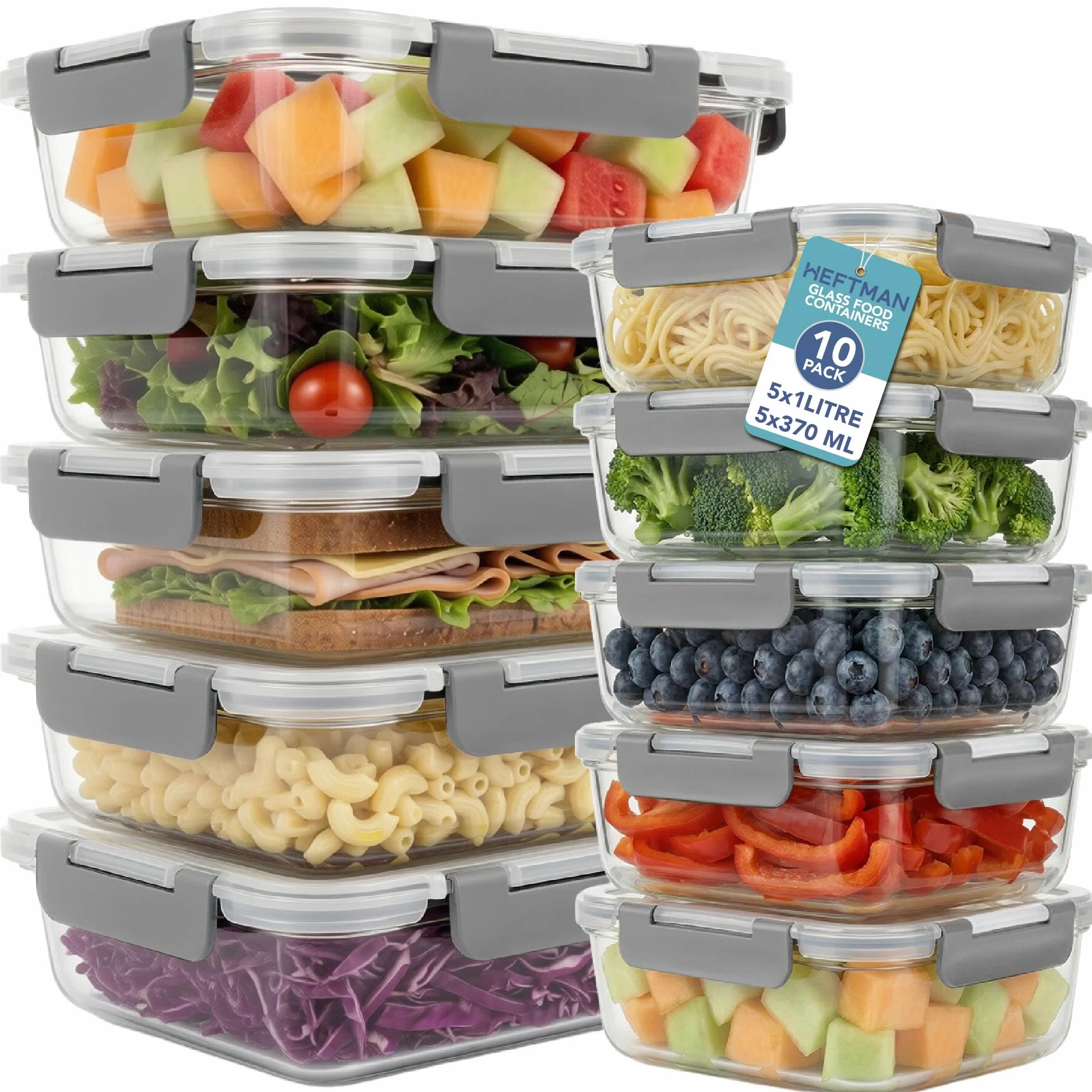 HEFTMAN Recipientes de vidrio para alimentos con tapas, paquete de 10, 1L y 370 ml, recipiente hermético para almacenamiento de alimentos, apto para microondas, congelador y lavavajillas