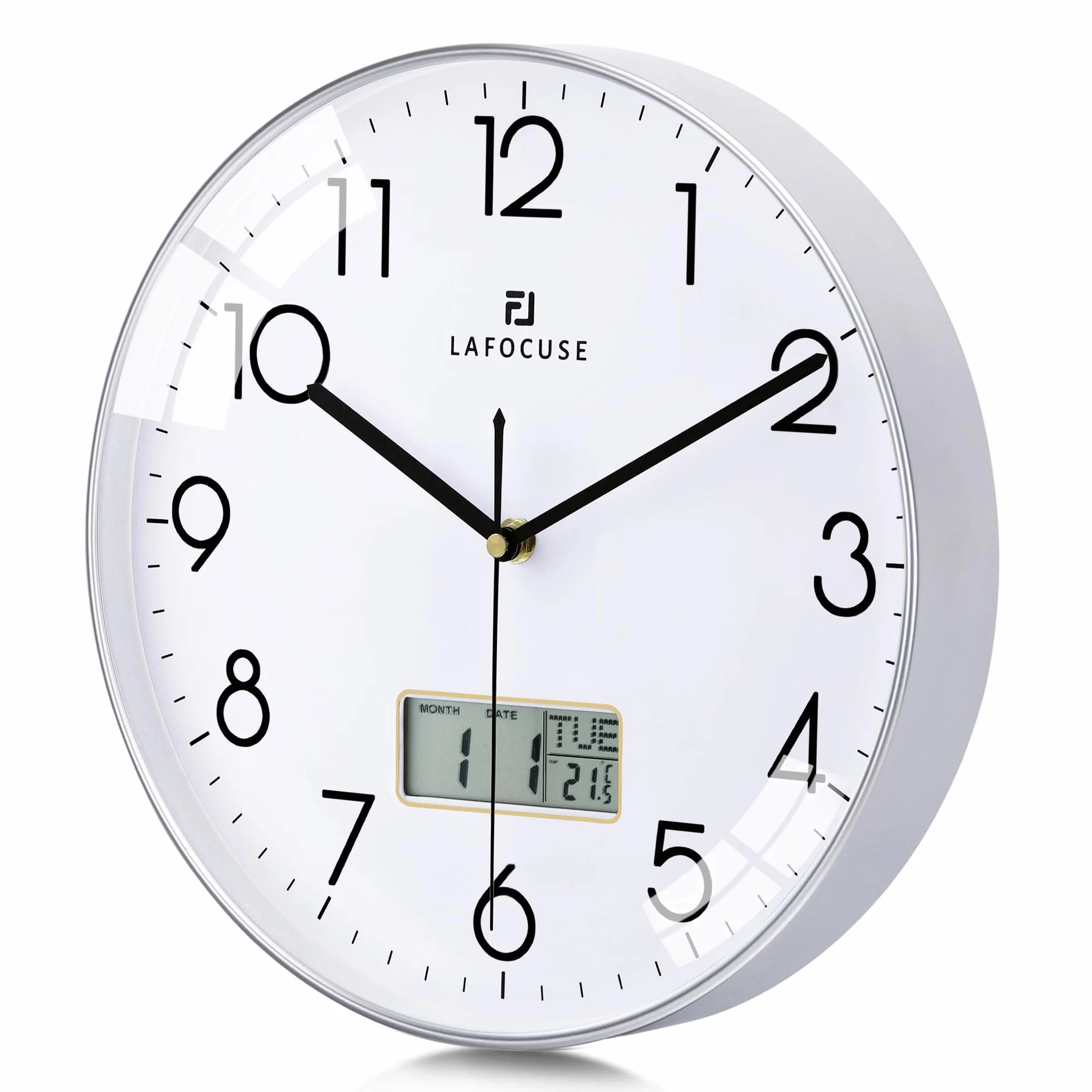 Lafocuse 30cm Reloj de Pared Calendario con Fecha y Termometro Digital LCD, Silencioso Moderno Plateado Reloj Cocina Pared, Fácil de Leer sin Tictac para Salon Dormitorio Oficina