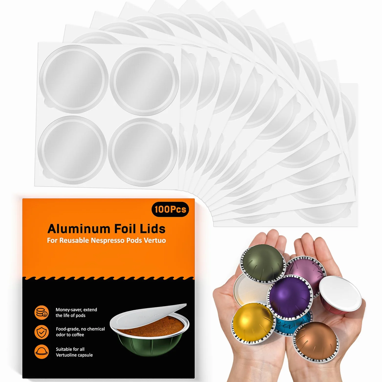 Tapas de papel de aluminio para cápsulas reutilizables Nespresso Vertuo, 100 piezas de cubierta de sello de aluminio reutilizable para recarga de cápsulas de café espresso, compatible con máquina