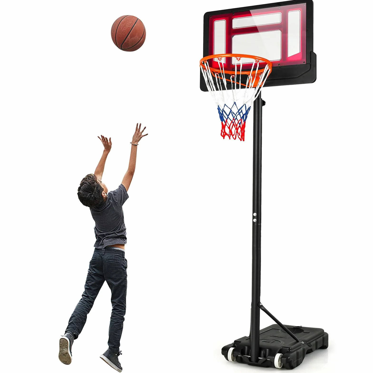 Canasta de Baloncesto de Pie con Altura Ajustable, Base Rellenable de Agua y Arena, Ruedas, para Adolescentes y Adultos