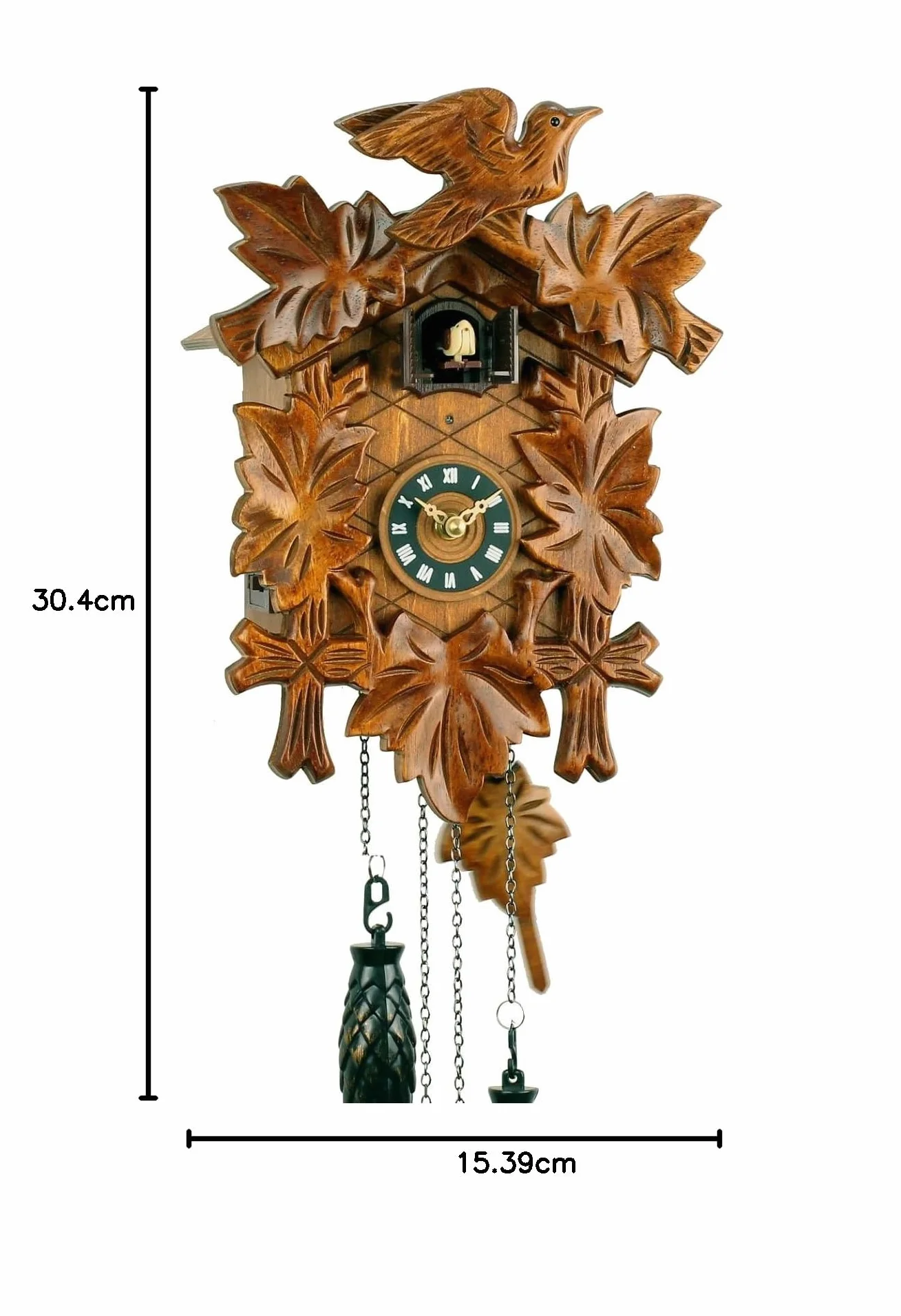 Reloj de cuco de madera con mecanismo de cuarzo que funciona con pilas y con sonido de cuco y mecanismo musical de Eble, diseño de hojas 30 cm