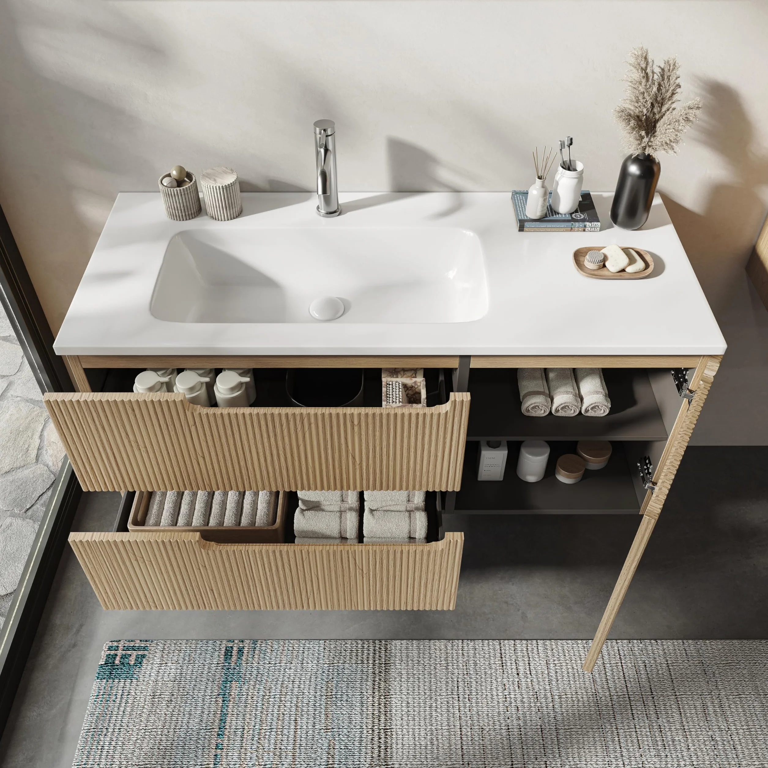Mueble de Baño Suspendido de 100 cm con Lavabo de Resina Mineral, 2 Cajones y 1 Puerta, Ultrafino, Cierre Suave, Frontal Acanalado – Apto para Baños Grandes – Golden Sand