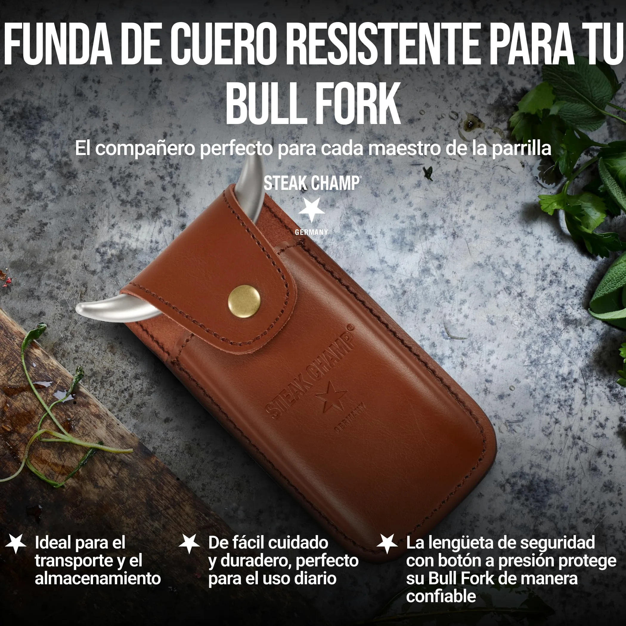Funda de Cuero Steak Champ para Tenedor de Carne Bull Fork, Fabricada en cuero de alta resistencia, Ideal para Cinturón, con Lengüeta de Seguridad y Botón a Presión
