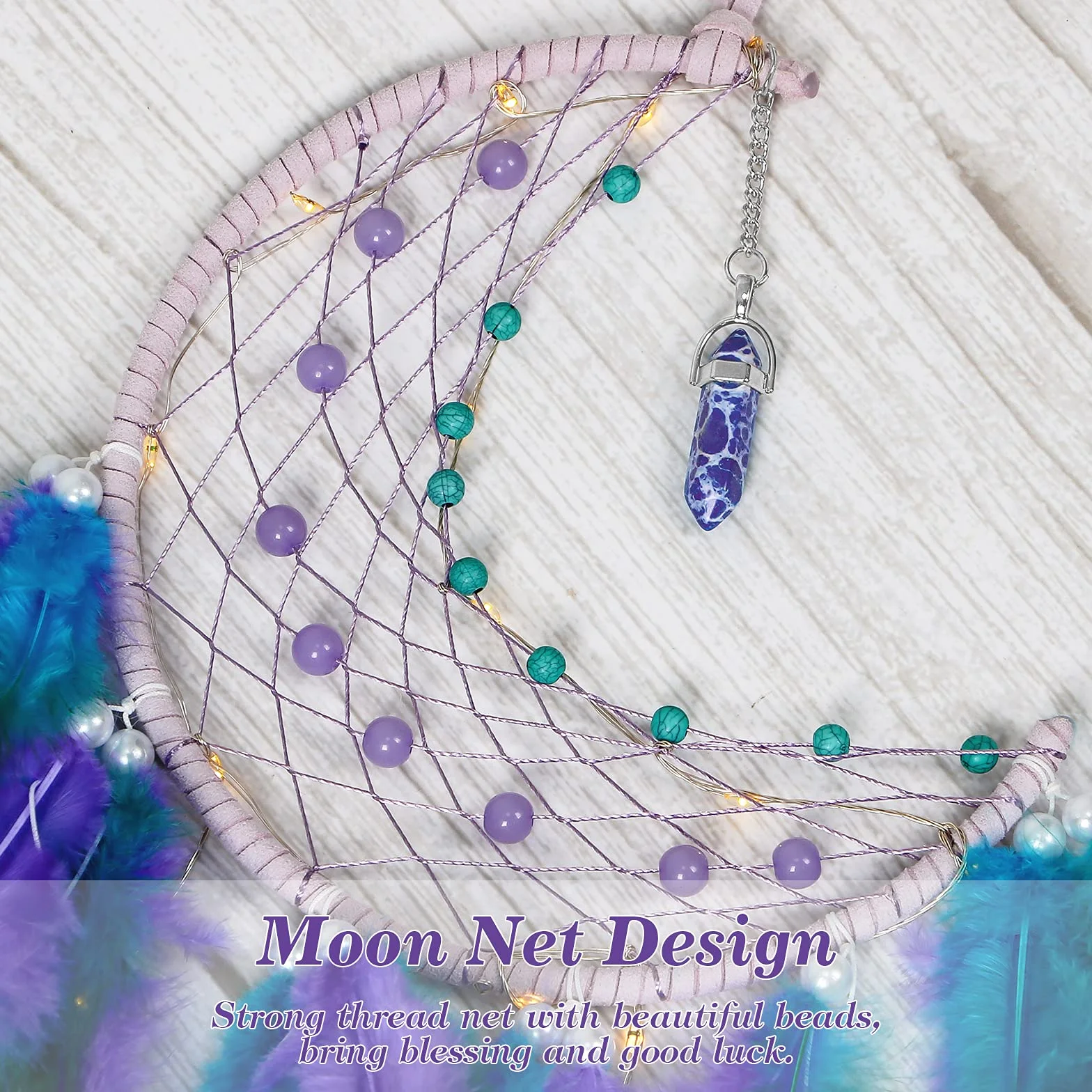 Dremisland Luna Atrapasueños LED con Plumas Hecho a Mano Dream Catcher Turquesa Colgante de Pared Adorno para decoración Hogar Dormitorio Regalo Artesanal (Azul & Púrpura)