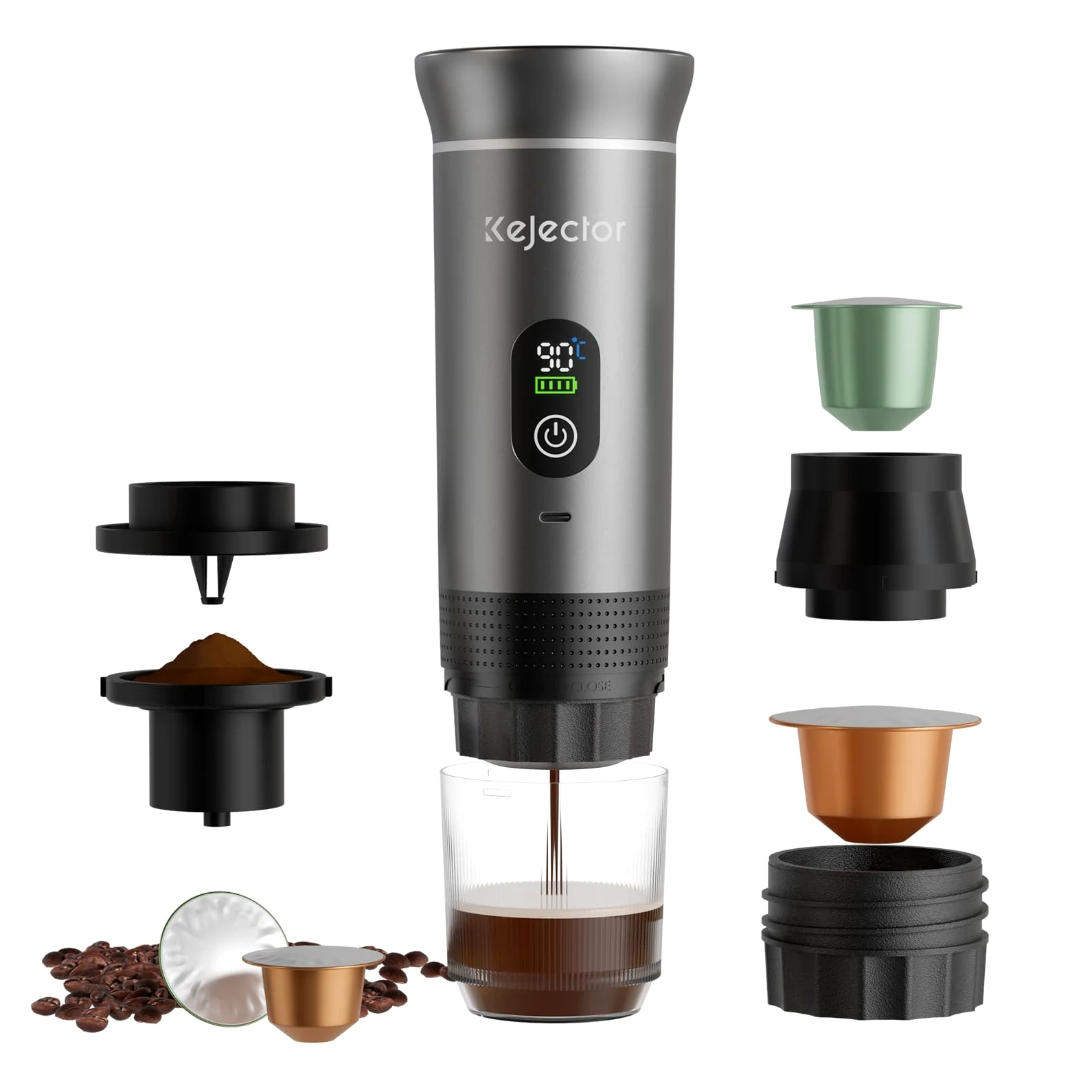 kejector Cafetera portátil de viaje, máquina de café espresso nano para coche, compatible con café molido, cápsula para autocaravana, senderismo, camping, oficina, espresso de viaje