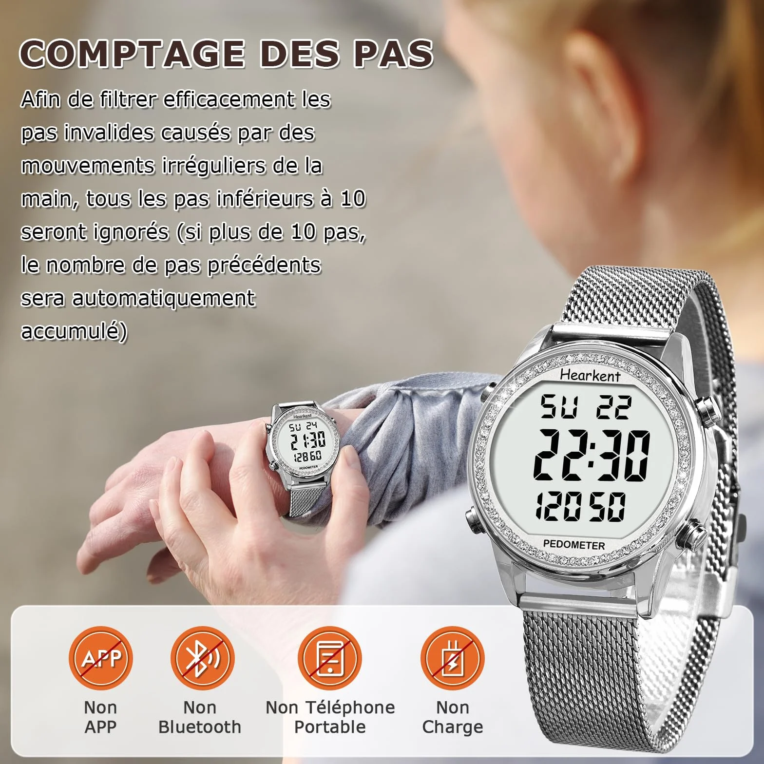 Hearkent - Reloj podómetro para mujer, correa de nailon flexible, sin aplicación ni carga necesarias, con conteo de pasos, calorías de distancia, reloj y retroiluminación de pantalla