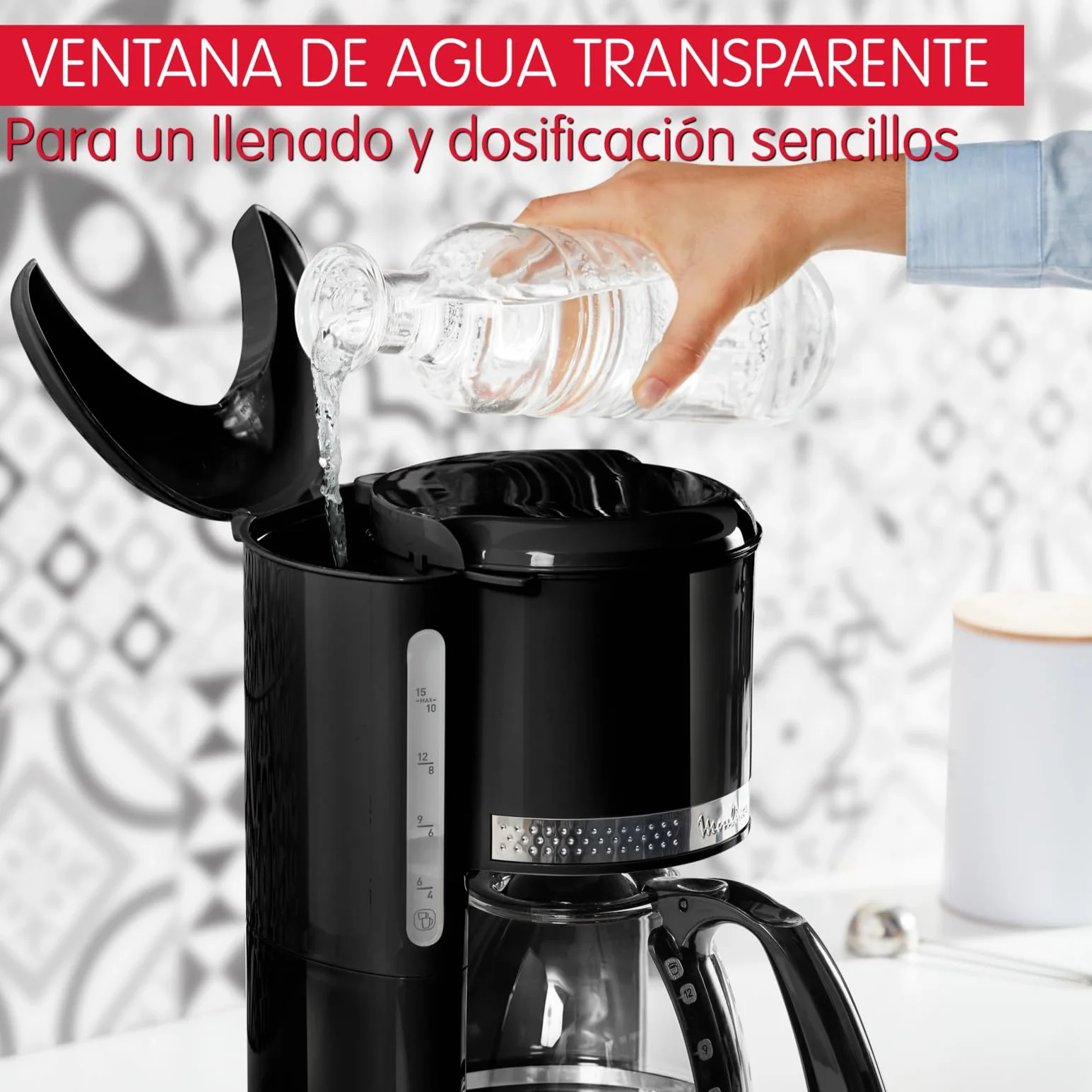 Moulinex Soleil – Cafetera filtro, capacidad de 1,25 L, hasta 15 tazas, control nivel del agua, temporizador programable, función mantener caliente, jarra cristal, color negro, FG380B