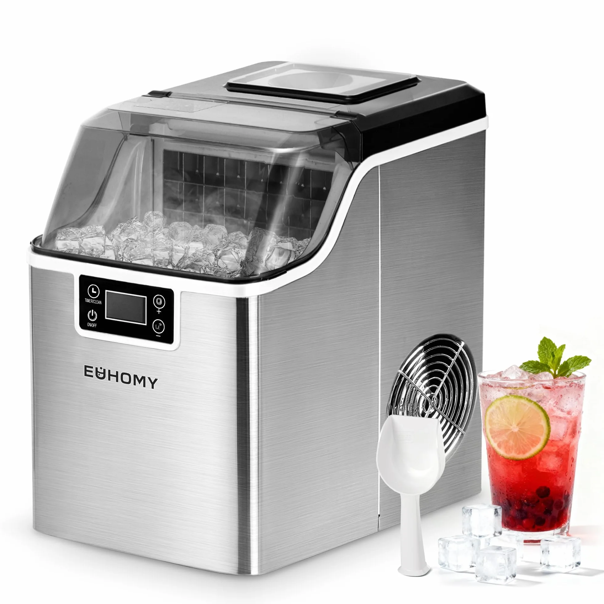 EUHOMY Máquina de hielo para el hogar: 24 cubos en 13 minutos, 20,5 kg/24 horas, autolimpiable, 3,2 l, con pala/cesta, para cocina/oficina, acero inoxidable