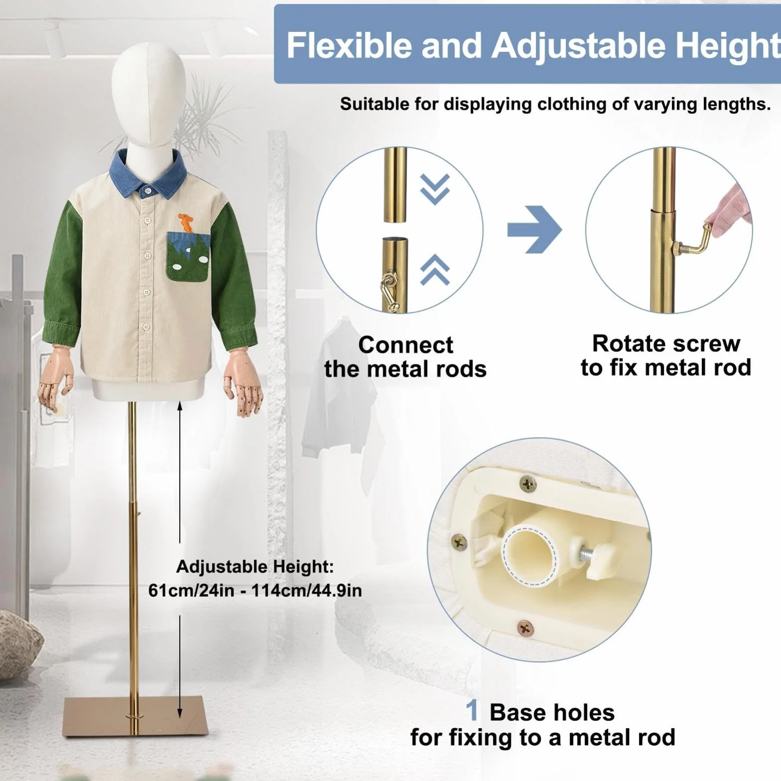 Maniquies Infantiles Ajustable de 132 a 185 cm Soporta 30 kg Brazos de Plásticos Duro Base Cuadrada Antideslizante –Ideal para Escaparates