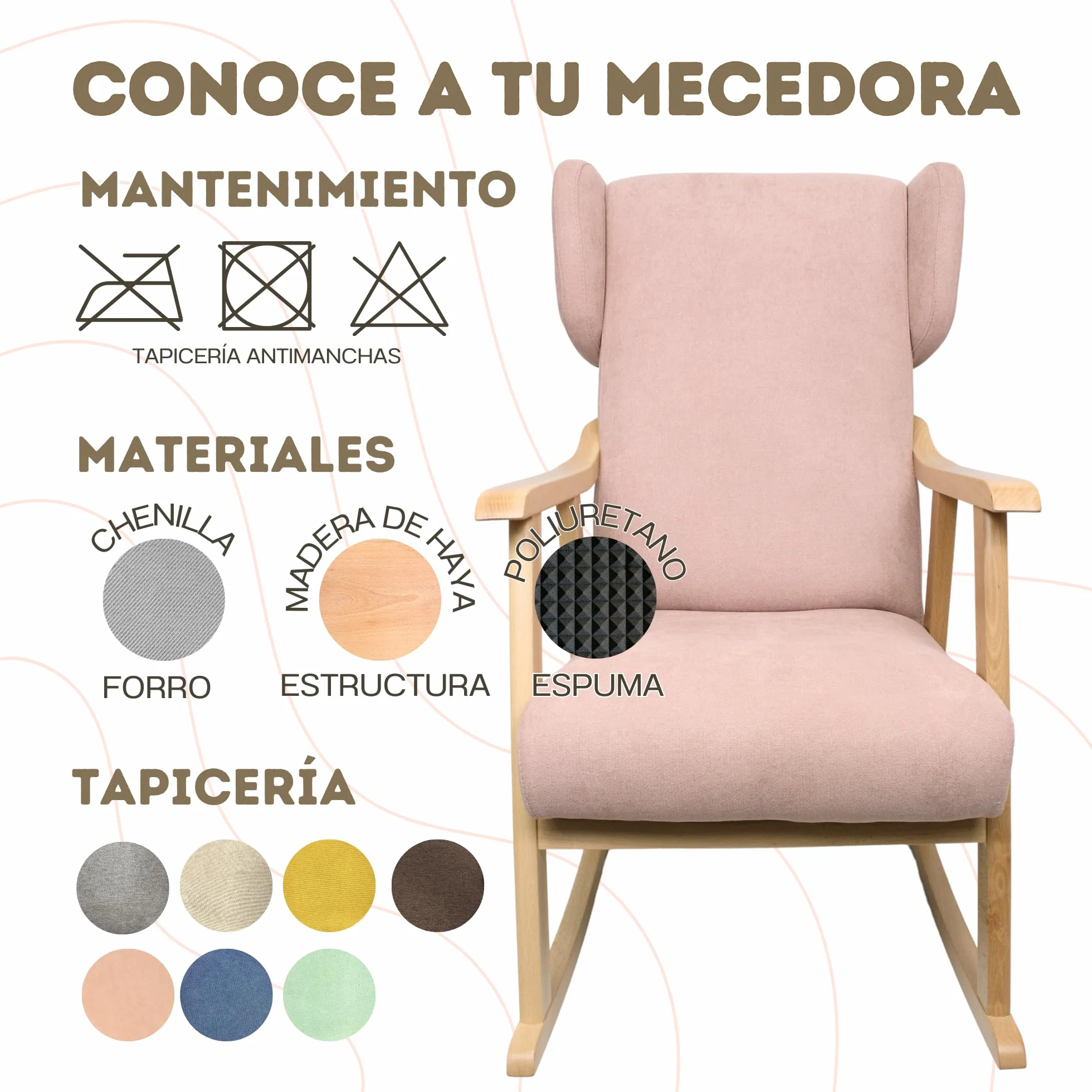 Mecedora Orejera Mod. Torino Sillón Balancín Lactancia Antimanchas Madera Haya Maciza Fabricado España Marrón Natural