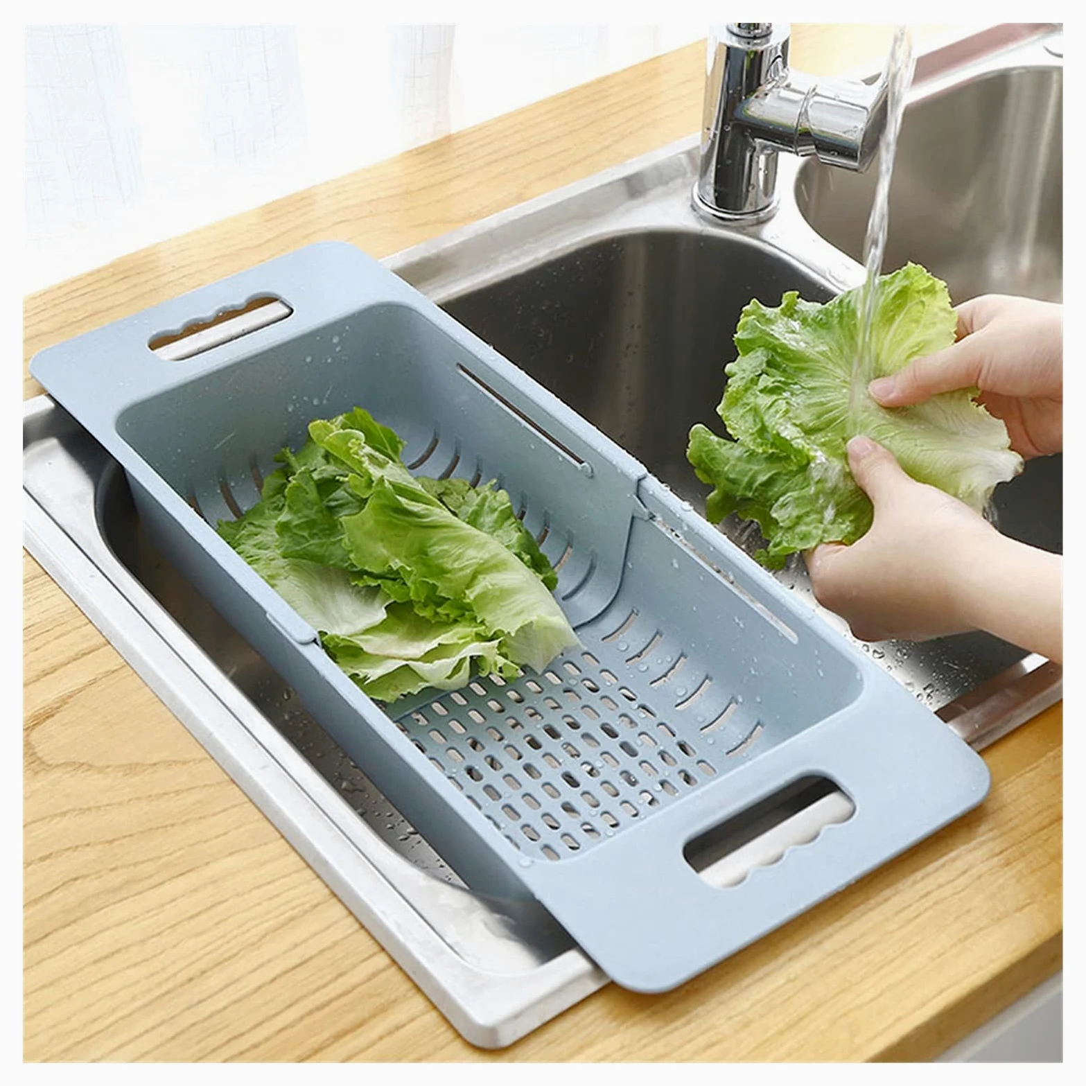 Colador Drenaje Cesta de Vegetales Colapsibles Colador Frutas y Verduras Cesta de Drenaje Stradero Ajustable sobre el Fregadero para la Cocina Coladores de Alimentos (Color : Blue)