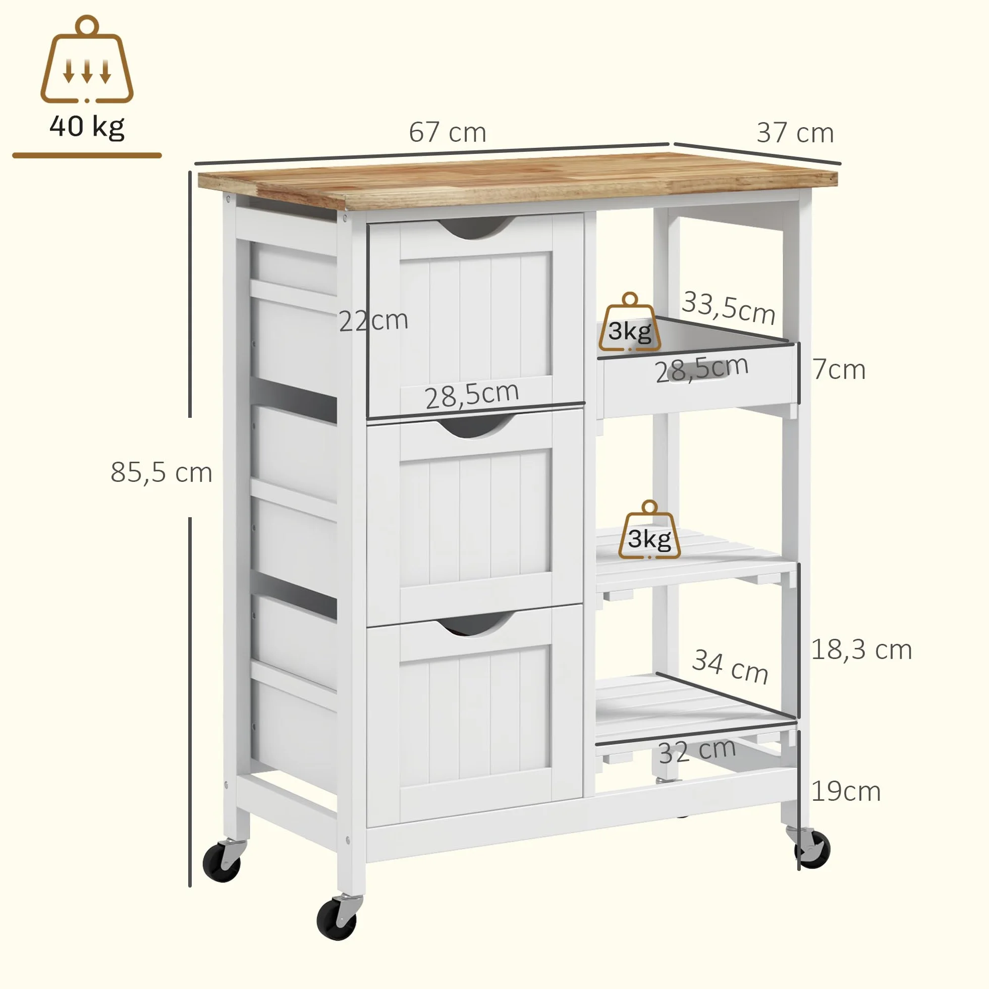 HOMCOM Carro de Cocina Carrito Auxiliar con Ruedas Tablero de Madera 3 Cajones 2 Estantes Abiertos y Bandeja Extraíble para Comedor Salón 67x37x85,5 cm Blanco